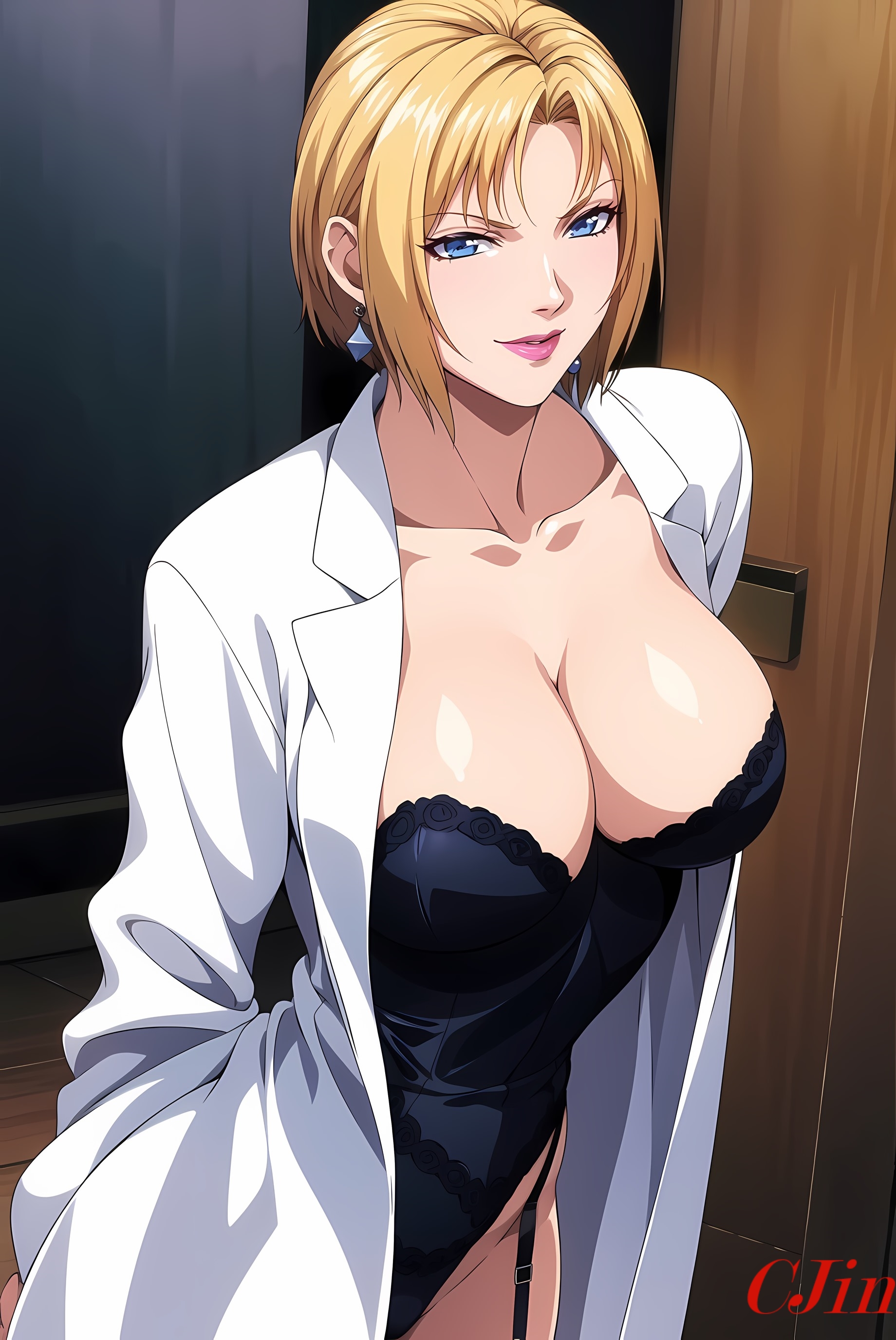 ai generated, barely clothed, bible black, big breasts, blonde hair, blue eyes, breasts, cjin, coat, earrings, female, female only, huge breasts, jewelry, kitami reika, labcoat, leotard, lingerie, lipstick, looking at viewer, makeup, mature, mature female, milf, nai diffusion, revealing clothes, short hair, smile, solo, solo focus, stable diffusion, teacher, voluptuous