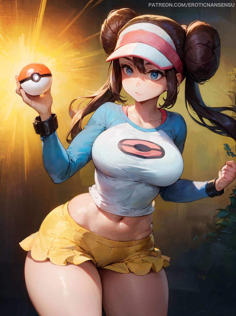 1girls, ai assisted, ai generated, blue eyes, breasts, brown hair, double bun, erotic nansensu, female, female only, hair between eyes, hair bun, large breasts, long hair, midriff, midriff peek, navel, nintendo, poke ball, pokemon, pokemon (game), pokemon bw2, rosa (pokemon), shirt, short shorts, thick thighs, twintails, visor