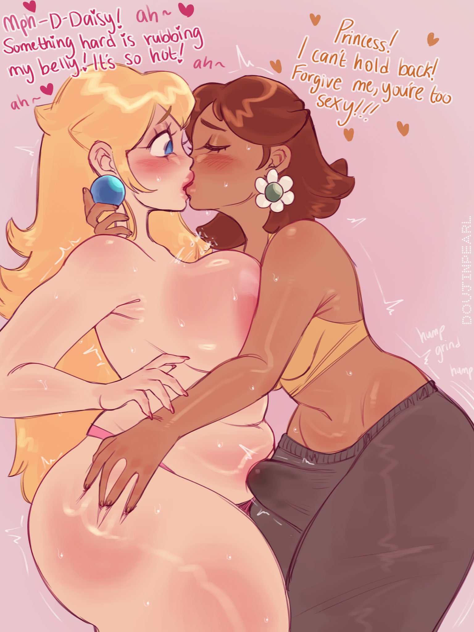 1futa, 1girls, areolae, big breasts, blonde hair, breasts, brown hair, bulge, chubby, chubby female, clothed, clothing, crop top, dark skin, dark-skinned futa, dialogue, doujinpearl, duo, erection, erection under clothes, female, fully clothed, futa on female, futanari, human, intersex, kissing, large breasts, light skin, light-skinned female, long hair, mario (series), mostly nude, nipples, panties, pants, penis, princess daisy, princess peach, standing, tenting, text, topless, topless female, yoga pants, yuri