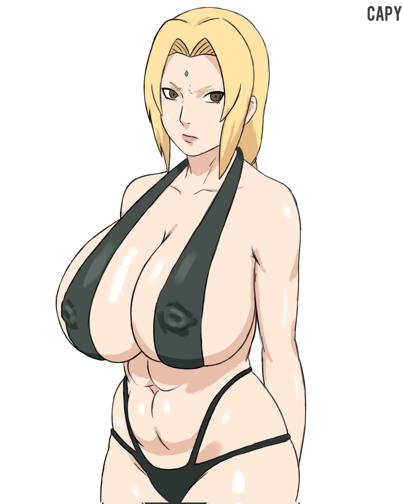 1girls, arms behind back, belly, belly button, big breasts, bikini, bikini bottom, bikini top, black bikini, black bikini bottom, black bikini top, black panties, black swimsuit, blonde hair, boruto: naruto next generations, breasts, brown eyes, busty, capybsr, chubby, chubby female, cleavage, erect nipples, erect nipples under clothes, female, female focus, female only, forehead jewel, forehead mark, gilf, hair ribbon, hi res, high resolution, highres, huge breasts, inner sideboob, large breasts, lips, lipstick, looking at viewer, mature, mature female, milf, naruto, naruto (classic), naruto (series), naruto shippuden, naruto: the last, nipple bulge, nipples, oppai, panties, pink lips, pink lipstick, pinup, ponytail, pose, posing, ribbon, shounen jump, sideboob, solo, solo female, solo focus, standing, swimsuit, thick thighs, thighs, tied hair, tsunade, voluptuous, voluptuous female, white background, wide hips