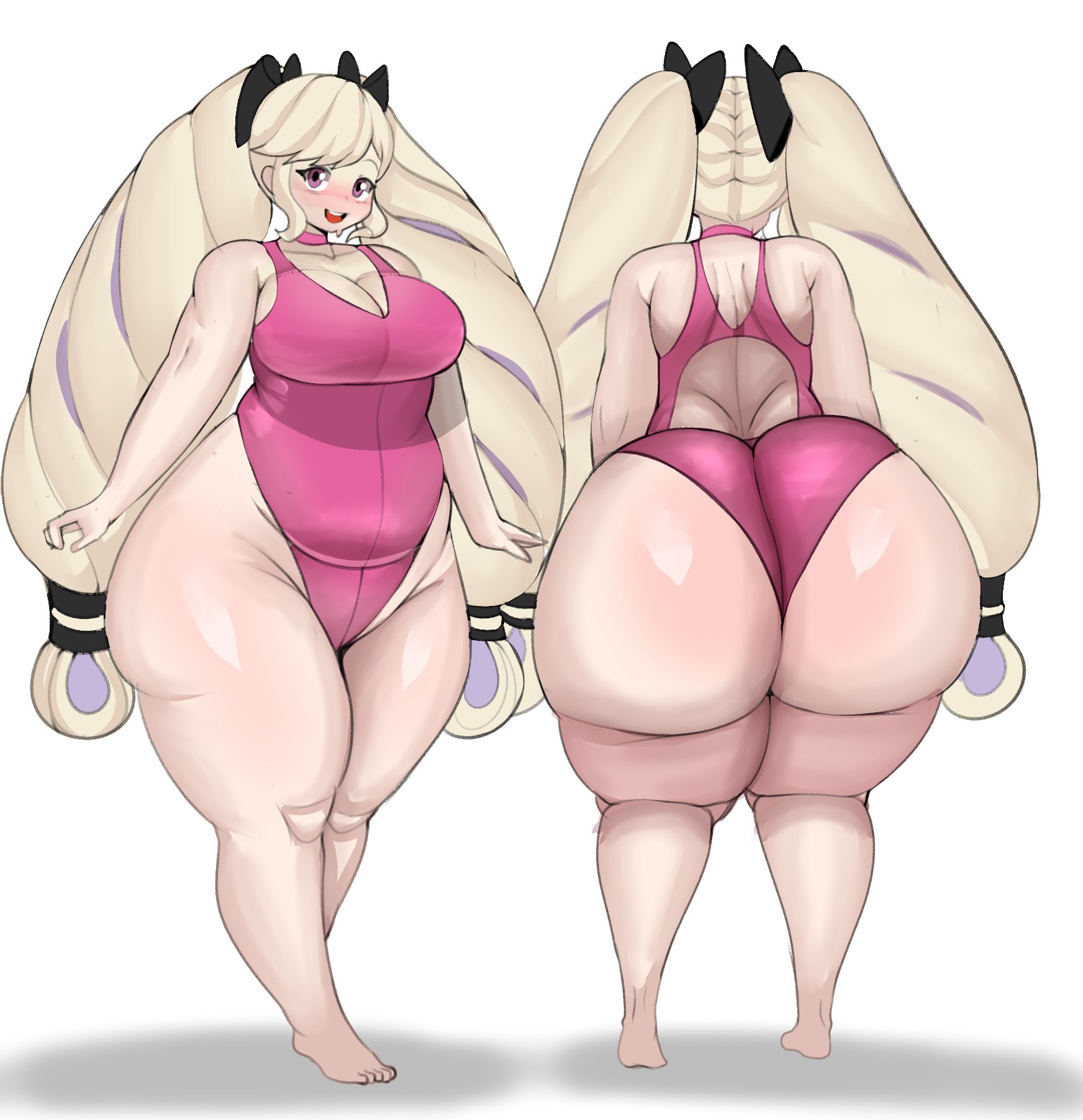 1girls, aged up, alternate costume, ass, blonde hair, bottom heavy, breasts, chubby, commission, drill hair, elise (fire emblem), female, fire emblem, fire emblem fates, fladdykin, huge ass, huge thighs, hyper ass, light skin, light-skinned female, long hair, nintendo, one-piece swimsuit, pink one-piece swimsuit, pink swimsuit, slightly chubby, swimsuit, thick thighs, twin drills, twintails