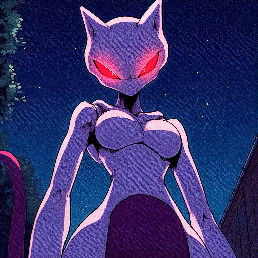 ai_generated angry angry_face angry_female anthro breasts featureless_breasts female female_only film_grain glowing_eyes glowing_red_eyes looking_at_viewer looking_down mewtwo nude pokemon pokemon_(species) red_eyes tagme