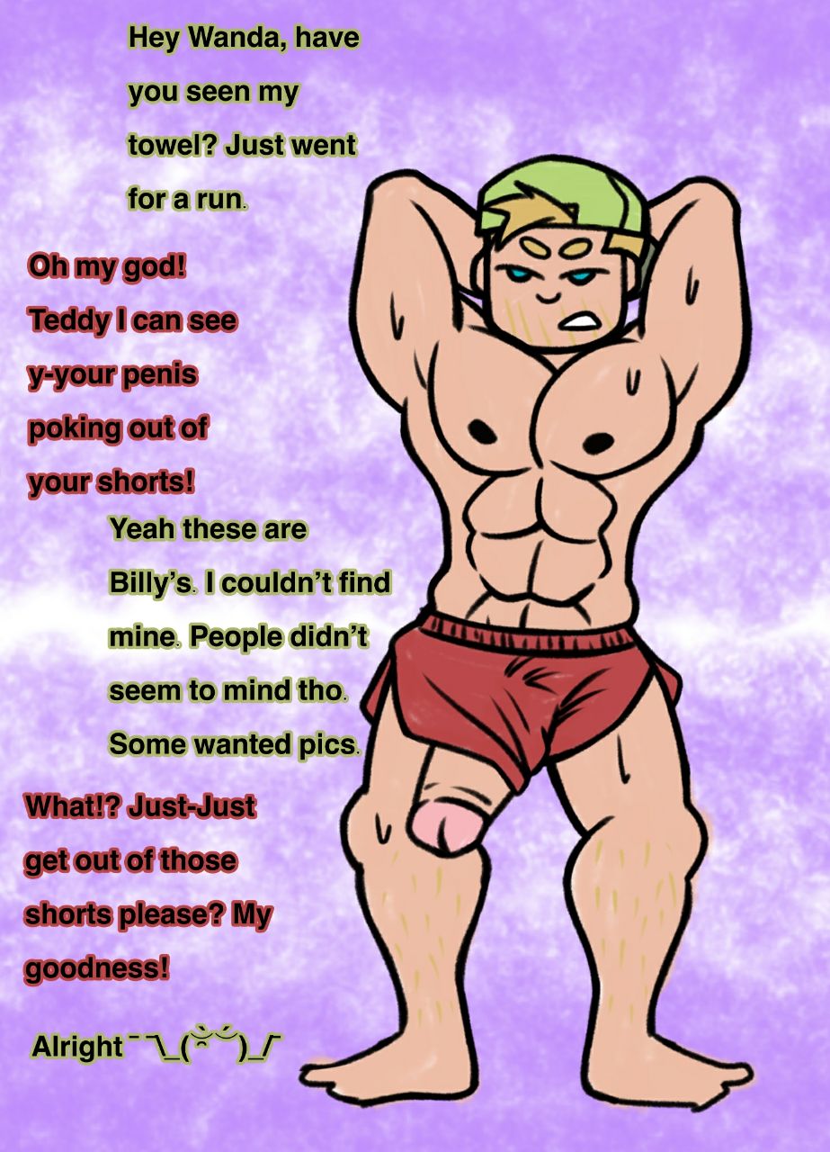 1boy abs biceps big_penis blonde_hair chalkbone cocky english_text hat hulkling male male_only marvel muscles muscular_male orientation_play penis penis_out penis_out_of_shorts shorts solo sweat sweating sweaty talking teddy_altman text younger_male