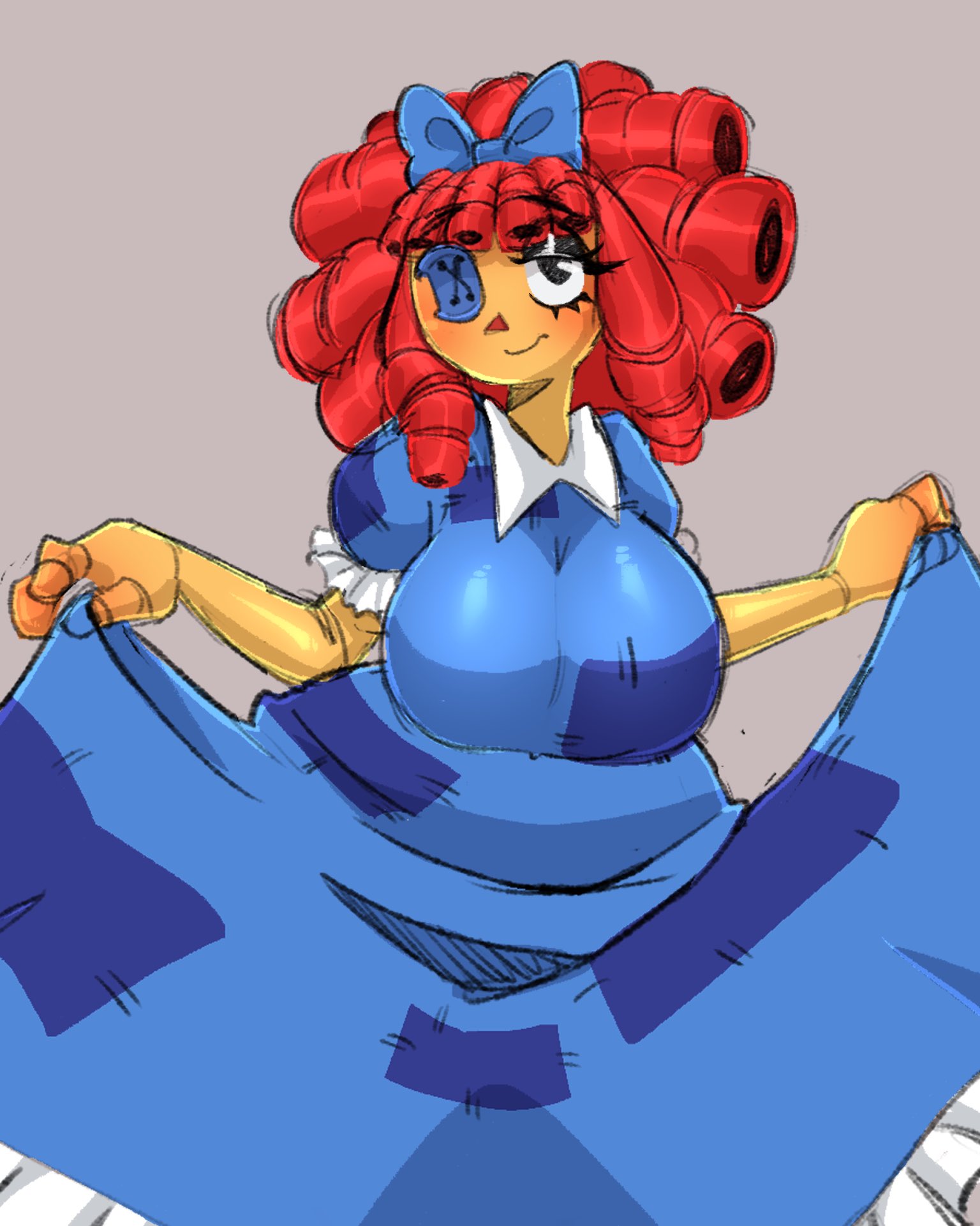 2023, 2d, 2d (artwork), 2d artwork, anthro, artist request, big breasts, blush, bow tie, breasts, button eyes, doll, dress, female, glitch productions, gooseworx, huge breasts, looking at viewer, ragatha, ragatha (the amazing digital circus), red hair, tagme, the amazing digital circus