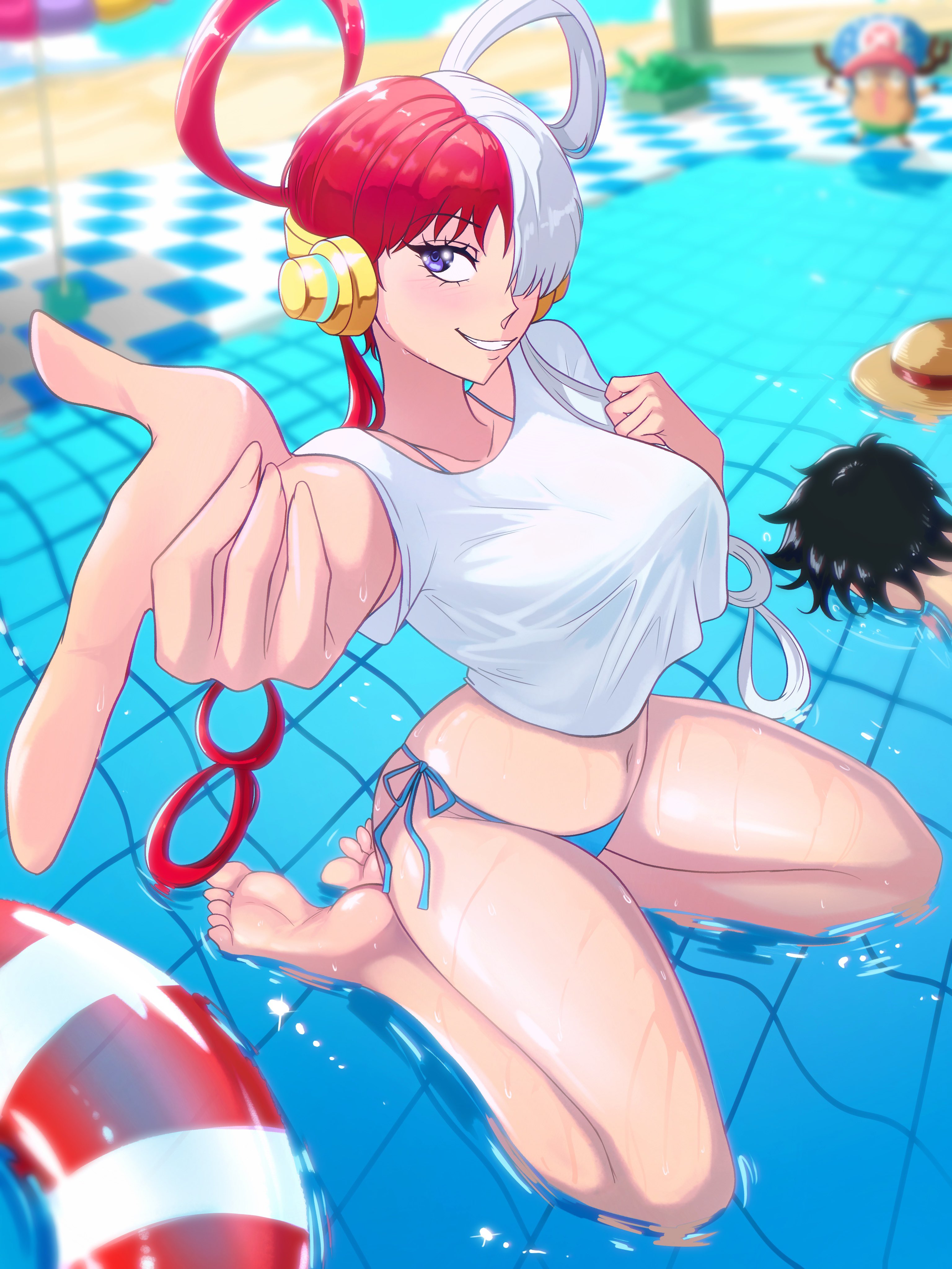 1girls, 2boys, bikini, black hair, black-haired male, breasts, feet, female, female focus, light skin, light-skinned female, male, monkey d luffy, one piece, opalisart, pale skin, pale soles, pale-skinned female, pool, red hair, red-haired female, sitting on soles, soles, solo focus, tagme, thighs, toes, tony tony chopper, two-tone hair, uta (one piece), water, white hair, white-haired female