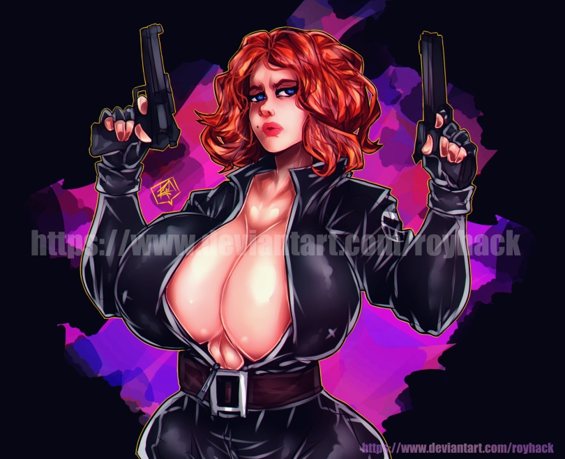 1girls 5_fingers alternate_body_type alternate_breast_size alternate_thigh_size big_breasts big_nipples black_clothes black_clothing black_glove black_gloves black_jacket black_widow_(marvel) blue_eyes blue_pupils breasts breasts_bigger_than_head cleavage clothed clothed_female curvy curvy_female dual_wielding enormous_breasts erect_nipples female female_focus female_human female_only female_pubic_hair female_solo giant_breasts gigantic_breasts gloves gun guns holding_gun holding_object holding_pistol huge_breasts human human_only large_breasts light-skinned_female light_skin long_gloves marvel marvel_cinematic_universe marvel_comics massive_breasts natasha_romanoff nipples partially_nude pistol pistol_in_hand pistols puffy_nipples red_lips red_lipstick royhack s.h.i.e.l.d. short_hair simple_background solo solo_female solo_focus superheroine weapon zipper zipper_down