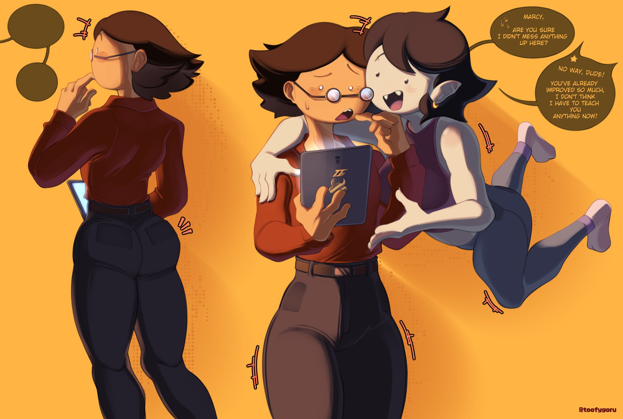 1boy, 1girls, adventure time, ass, big ass, big butt, black hair, brown eyes, cartoon network, cute, fat ass, fat butt, female, femboy, femboy focus, femboy only, feminine, feminine body, feminine male, feminine pose, fionna and cake, flying, fully clothed, girly, glasses, grey skin, huge ass, huge butt, ice king, male, male focus, male/female, marceline, no sex, sfw, simon petrikov, tagme, text, text bubble, thick ass, thick butt, tight clothes, tight clothing, tight jeans, tight pants, toofygoru, warner brothers