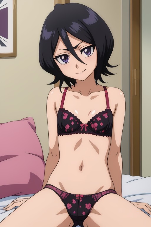 1girls, ai generated, bed, black hair, bleach, breasts, female, flat chest, kuchiki rukia, presenting, print panties, small breasts, smile, spread legs, stomach