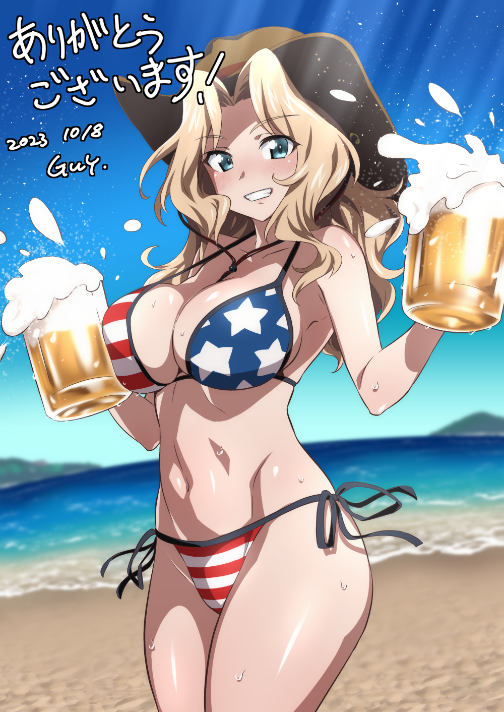 1girls 4th_of_july american_flag american_flag_bikini beer beer_mug bikini bikini_bottom bikini_top blonde_hair blue_eyes cowboy_hat female female_focus female_only girls_und_panzer kay_(girls_und_panzer) large_breasts nakahira_guy solo_female