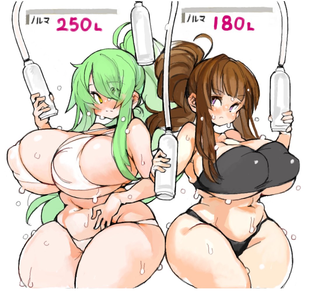 2girls big_breasts bikini bikini_bottom bikini_top breasts brown_hair brunette_hair colored female gigantic_breasts green_hair huge_breasts imminent_milking large_breasts milking_machine sachito thick_thighs thighs