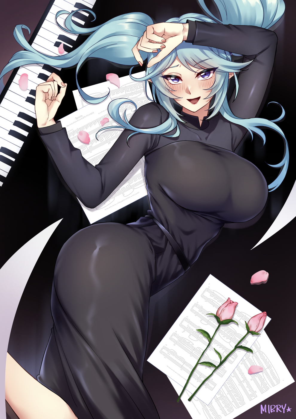 1girls blue_eyes blue_hair blushing epsilon_(the_eminence_in_shadow) fake_breasts female female_only fully_clothed happy kage_no_jitsuryokusha_ni_naritakute! mibry_(phrysm) music_sheet musical_instrument piano rose rose_(flower) rose_petals solo the_eminence_in_shadow watermark