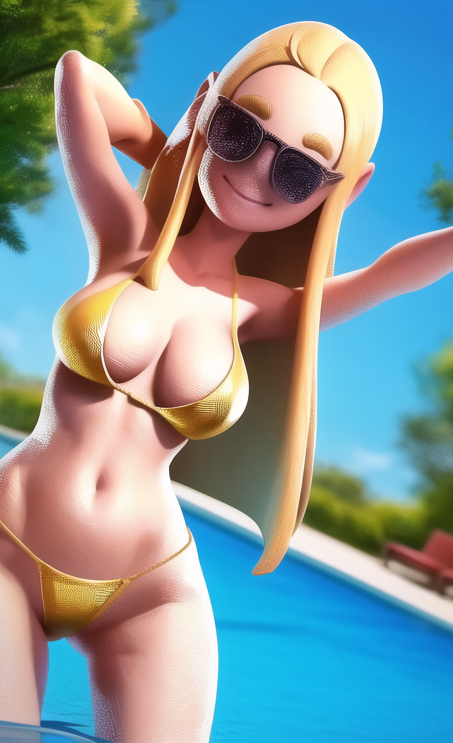 3d ahoge ai_generated apopfonz big_breasts bikini blonde_hair breasts female gold_bikini hands_on_hips light-skinned_female light_skin lipstick long_hair pale-skinned_female pale_skin realistic savannahxyz solo solo_female sunglasses swimming_pool tagme tinted_eyewear youtube youtuber