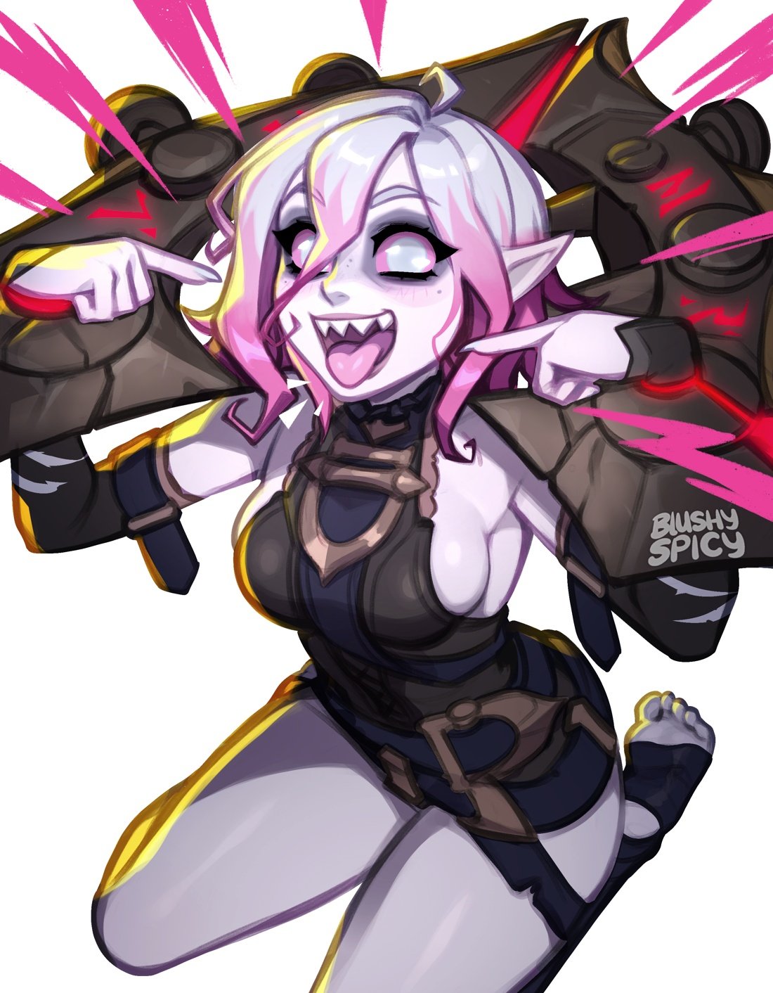 2023, artist logo, artist name, artist signature, blushypixy, blushyspicy, briar (league of legends), clothed, clothing, excited, eyebrows visible through hair, female, grey eyes, grey hair, grey skin, league of legends, looking at viewer, multicolored eyes, multicolored hair, open eyes, open mouth, open smile, pink eyes, pink hair, pointing, pupilless eyes, riot games, sitting, solo, url, white background