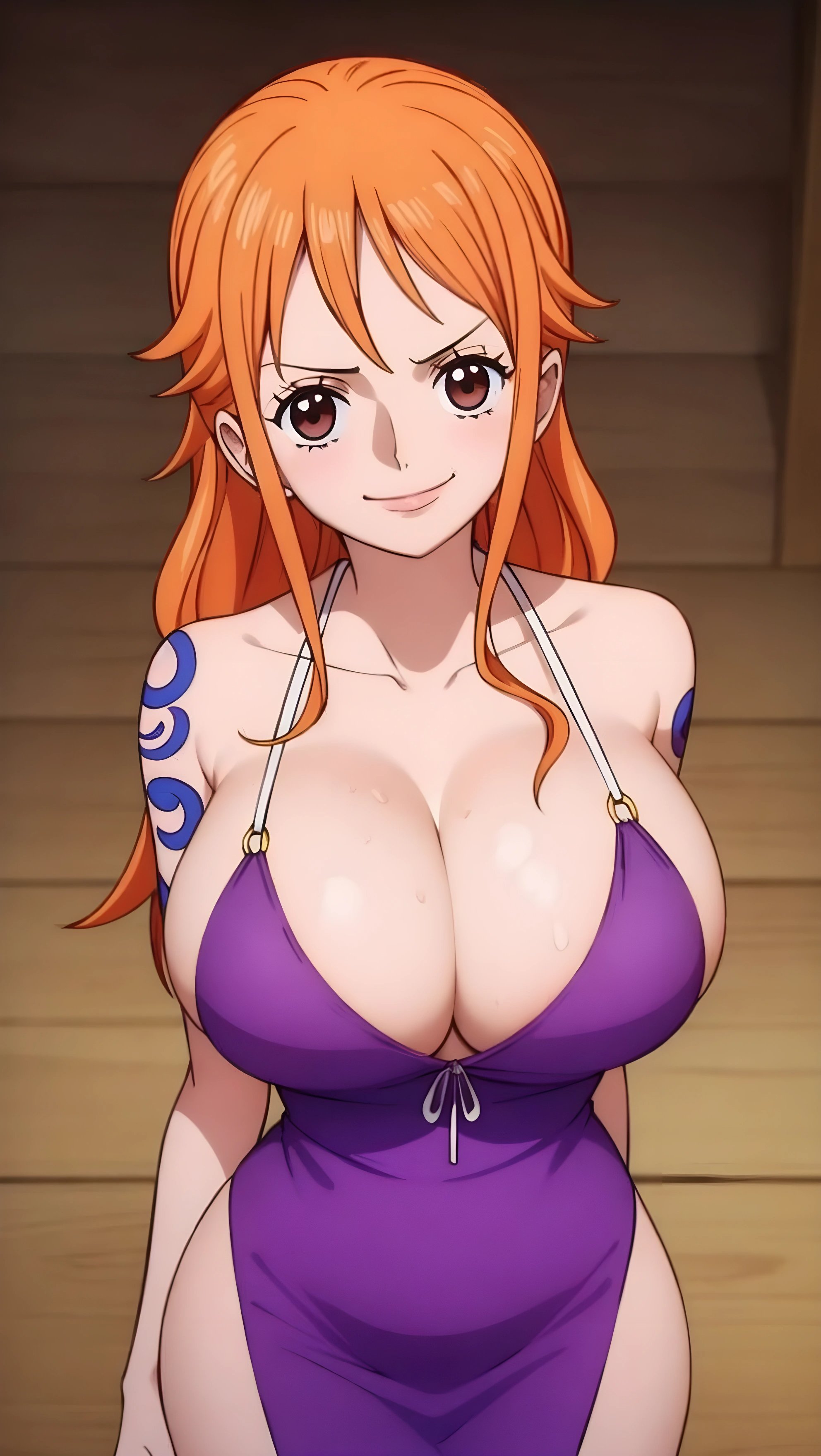 1girls, ai generated, arm tattoo, big breasts, blue tattoo, breasts, cleavage, dress, female, female only, huge breasts, large breasts, nami (one piece), namitruequeen, neckline, one piece, orange hair, orange-haired female, post-timeskip, shounen jump, tattoo