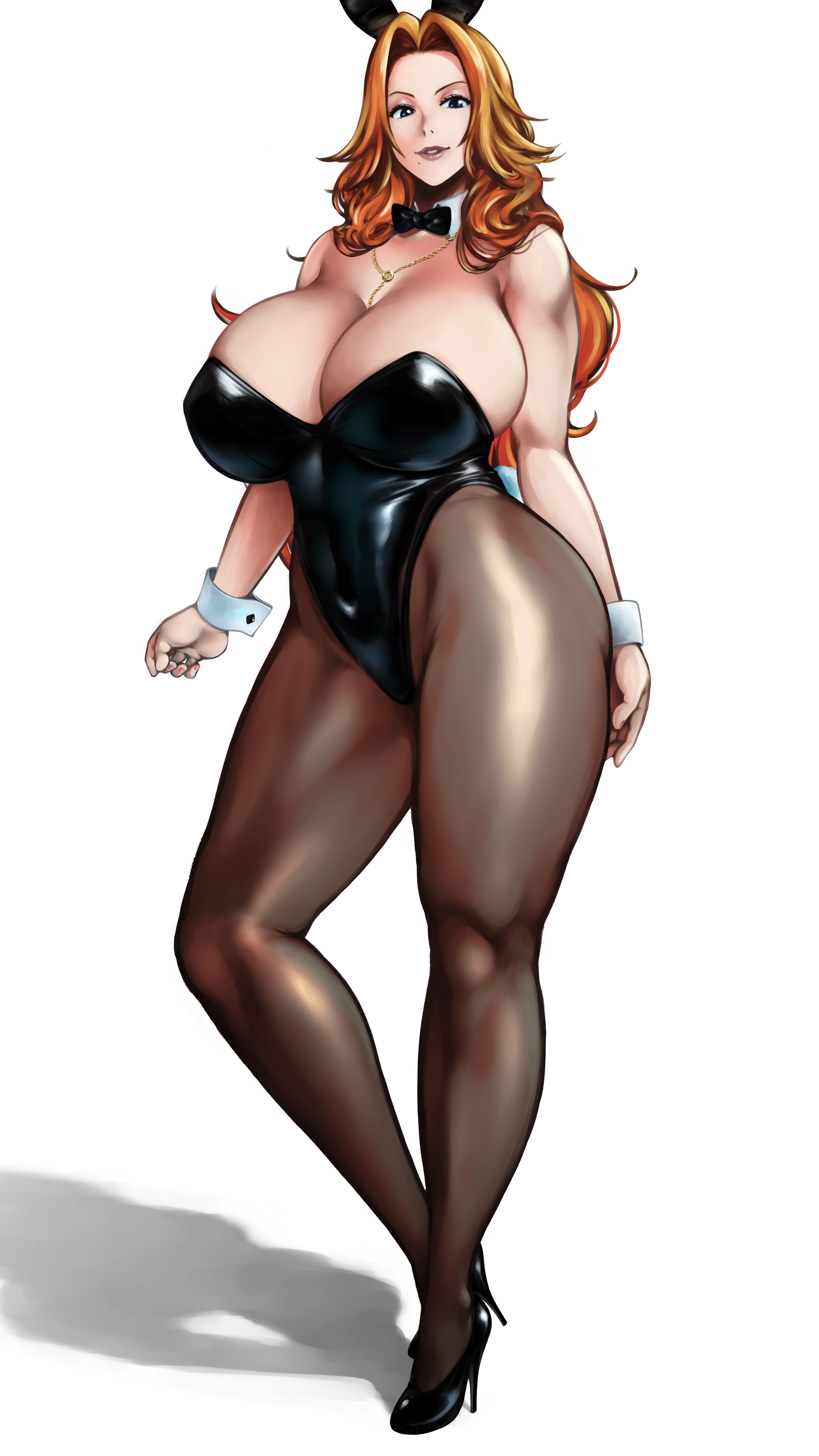1girls, absurd res, big breasts, bleach, breasts, bunny ears, bunnysuit, busty, female, female only, hi res, huge breasts, kyugata, large breasts, looking at viewer, matsumoto rangiku, mole, mole under mouth, orange hair, solo, voluptuous female, wide hips