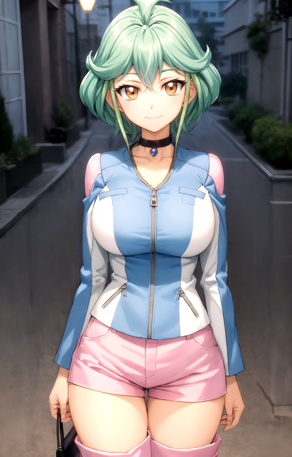 ai_generated blush green_hair jacket orange_eyes outdoors outside rin_(yu-gi-oh!_arc-v) short_hair short_pants smile standing yu-gi-oh! yu-gi-oh!_arc-v