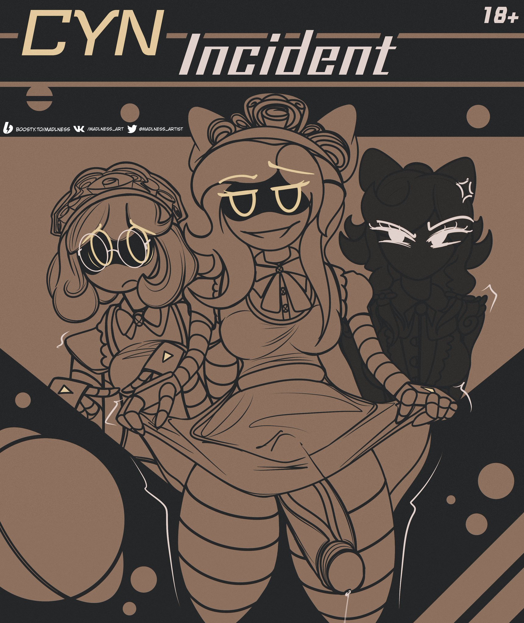 1futa, 2023, 2girls, better version at source, bottomless, breasts, clothed, clothing, comic cover, cyn (murder drones), english text, erection, female, futanari, glasses, huge cock, humanoid, humanoid penis, intersex, long hair, madlness, monochrome, mostly clothed, murder drones, penis, precum, silhouette, standing, tessa elliot, text, thighhighs, twitter sample, v (murder drones)