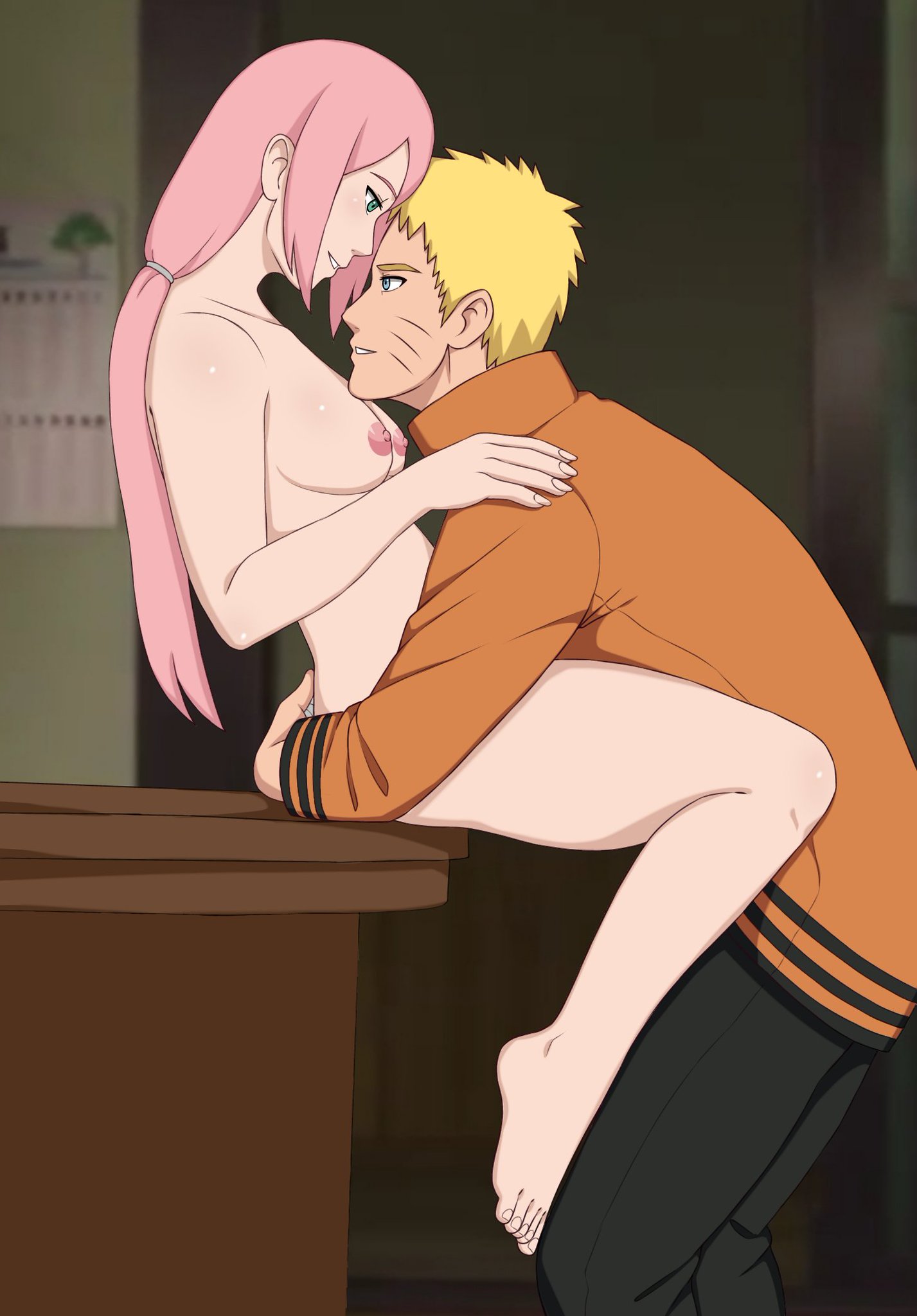 1boy, 1girls, alternate hairstyle, bandaged arm, bandages, barefoot, before sex, blue eyes, boruto: naruto next generations, breasts, carrying, carrying partner, cheating, cheating husband, cheating wife, clothed male nude female, completely nude, feet, female, fully clothed, fully clothed male, green eyes, high resolution, hug, indoors, jack .mery, jacket, kitchen, lifting, lifting person, light skin, light-skinned female, long hair, looking at another, looking at each other, looking at partner, male, male/female, milf, naruto, naruto (series), nipples, nude, nude female, pants, petite, ponytail, romantic, romantic couple, sakura haruno, short hair, side ponytail, sitting, sitting on table, smile, straight, table, tied hair, uncensored, uzumaki naruto, very long hair, whisker markings, whiskers, yellow hair