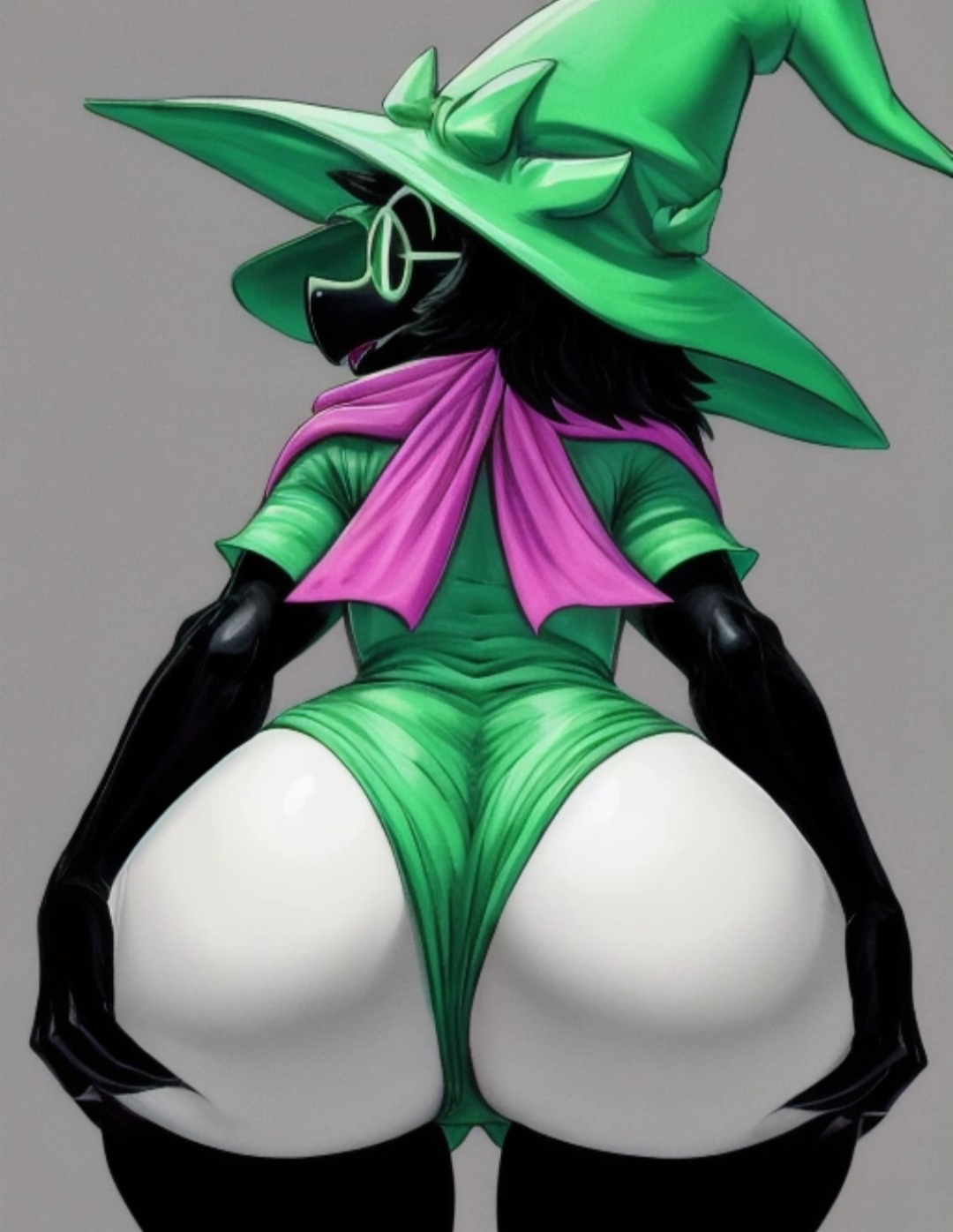 ai generated, ambiguous gender, anthro, ass, big ass, big butt, bodysuit, darkner, deltarune, deltarune chapter 2, diplive7, goat, hands on ass, ralsei, scarf, simple background, tight clothing, wedgie