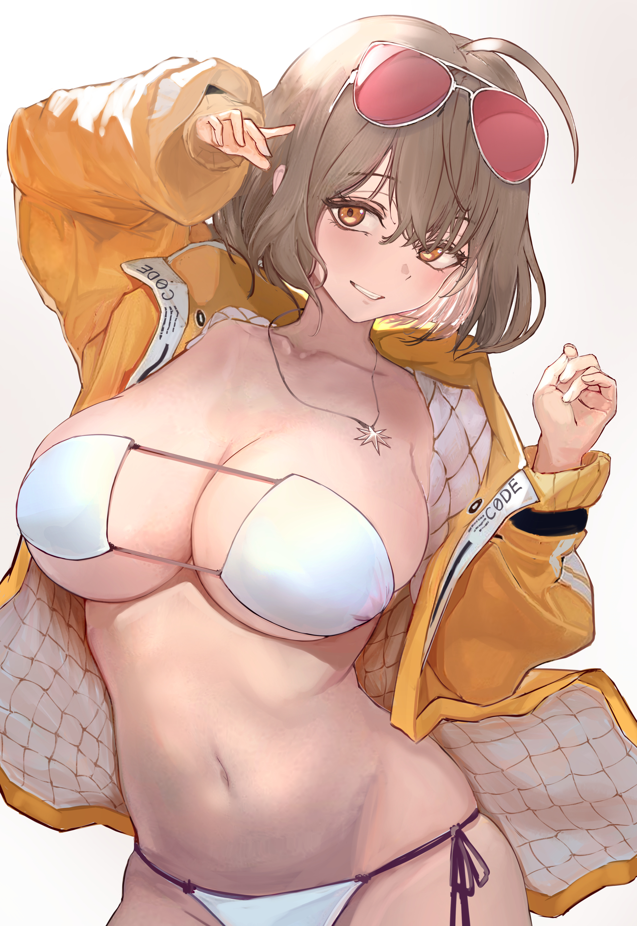 absurdres, ahoge, anis (nikke), anis (sparkling summer) (nikke), asaikeu, bikini, blush, bob cut, breasts, brown hair, cleavage, collarbone, eyepatch bikini, eyewear on head, female, goddess of victory: nikke, highres, jacket, large breasts, looking at viewer, navel, official alternate costume, open clothes, open jacket, side-tie bikini bottom, skindentation, smile, solo, stomach, string bikini, swimsuit, tinted eyewear, white bikini, yellow jacket