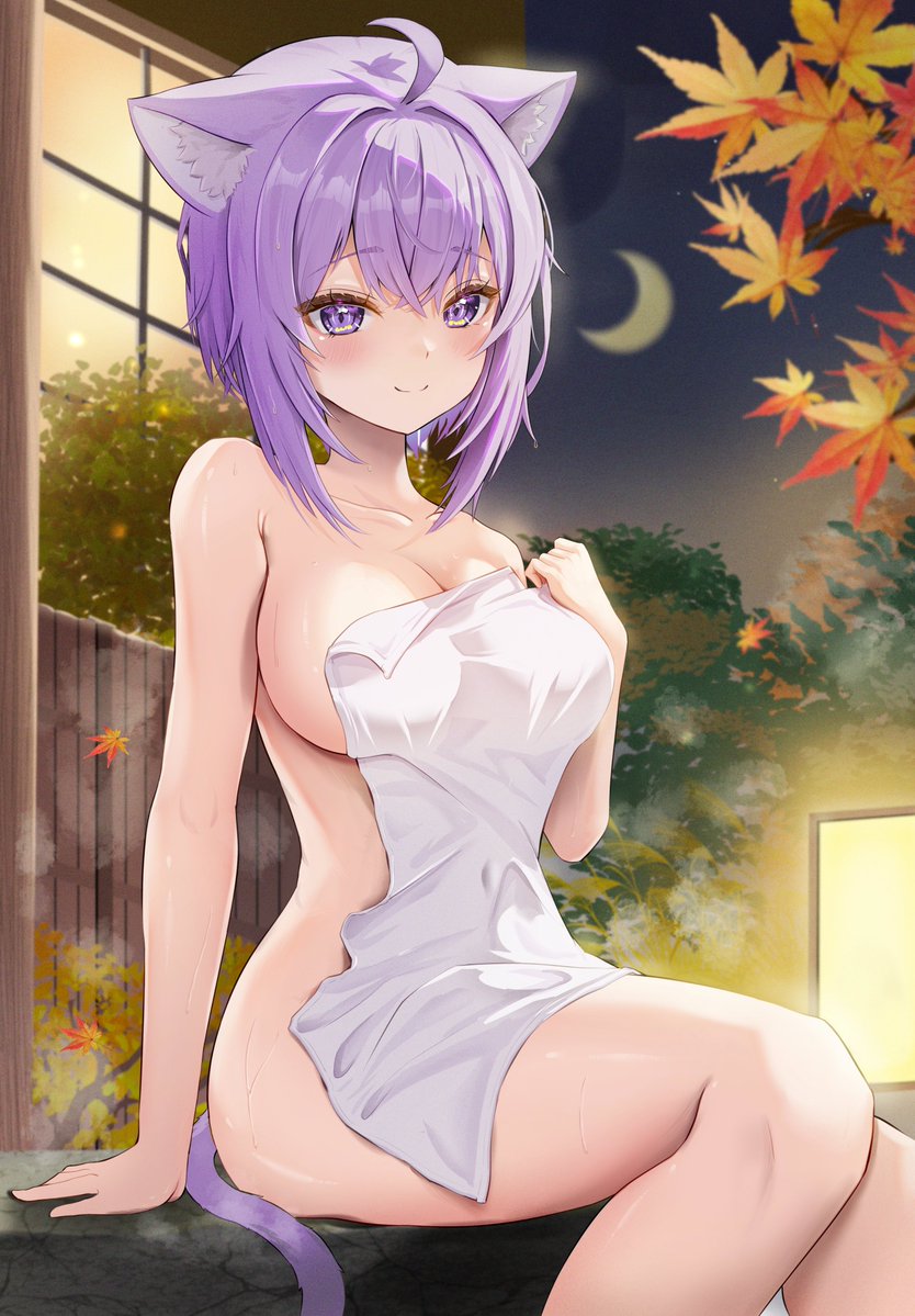 1girls, artist request, breasts, cat ears, cat girl, cat tail, catgirl, covered nipples, female, female focus, female only, hips, hololive, hololive gamers, hololive japan, hot spring, naked, nekomata okayu, nude, onsen, sideboob, solo, solo female, solo focus, tagme, towel, virtual youtuber, vtuber