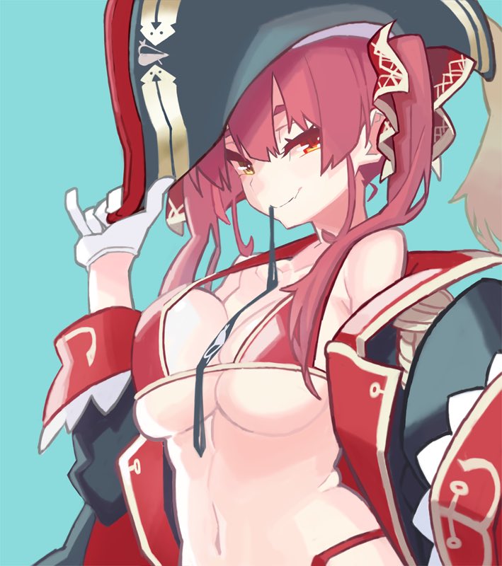 1girls, artist request, big breasts, bikini, breast squish, breasts, female, heterochromia, hololive, hololive fantasy, hololive japan, houshou marine, large breasts, looking at viewer, navel, pirate, pirate hat, red hair, solo, tagme, twintails, virtual youtuber, vtuber
