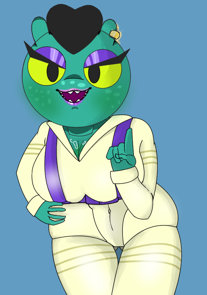 atennae big_breasts blush brawl_stars breasts cleavage ear_piercing eve_(brawl_stars) female female_focus female_only flea furry green_body green_fur green_skin lipstick milf piercing revealing_clothes straight