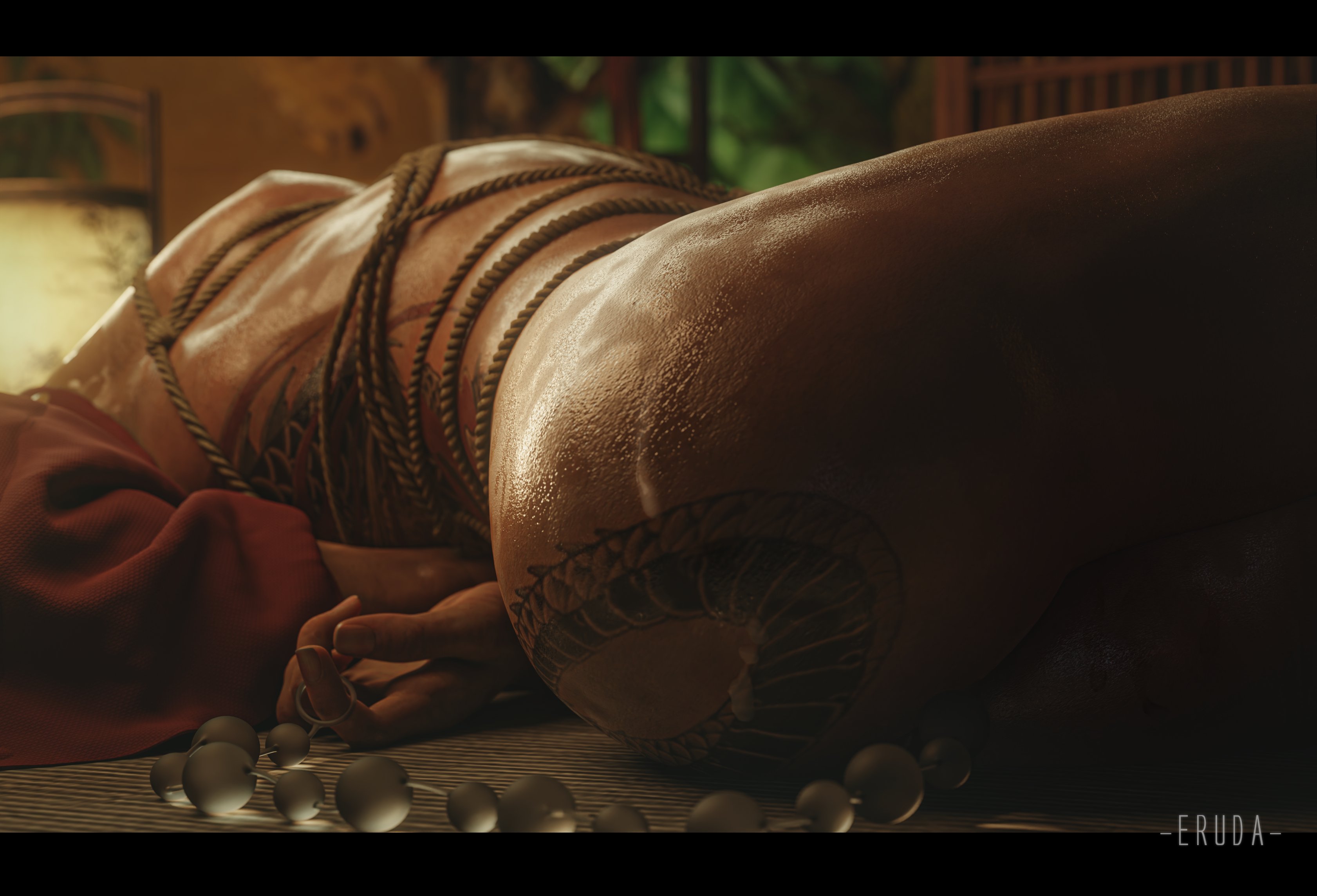 1boy, 1human, 3d, 3d model, anal beads, ass, bondage, cum, cum on ass, eruda rgg, kiryu kazuma, lying on back, male, male focus, male only, masculine, naked, naked male, nude, nude male, on the ground, ryuu ga gotoku, sega, sex toy, solo, solo male, tattoo, tattoo on butt, tied up, used, used like a toy, yakuza (series)
