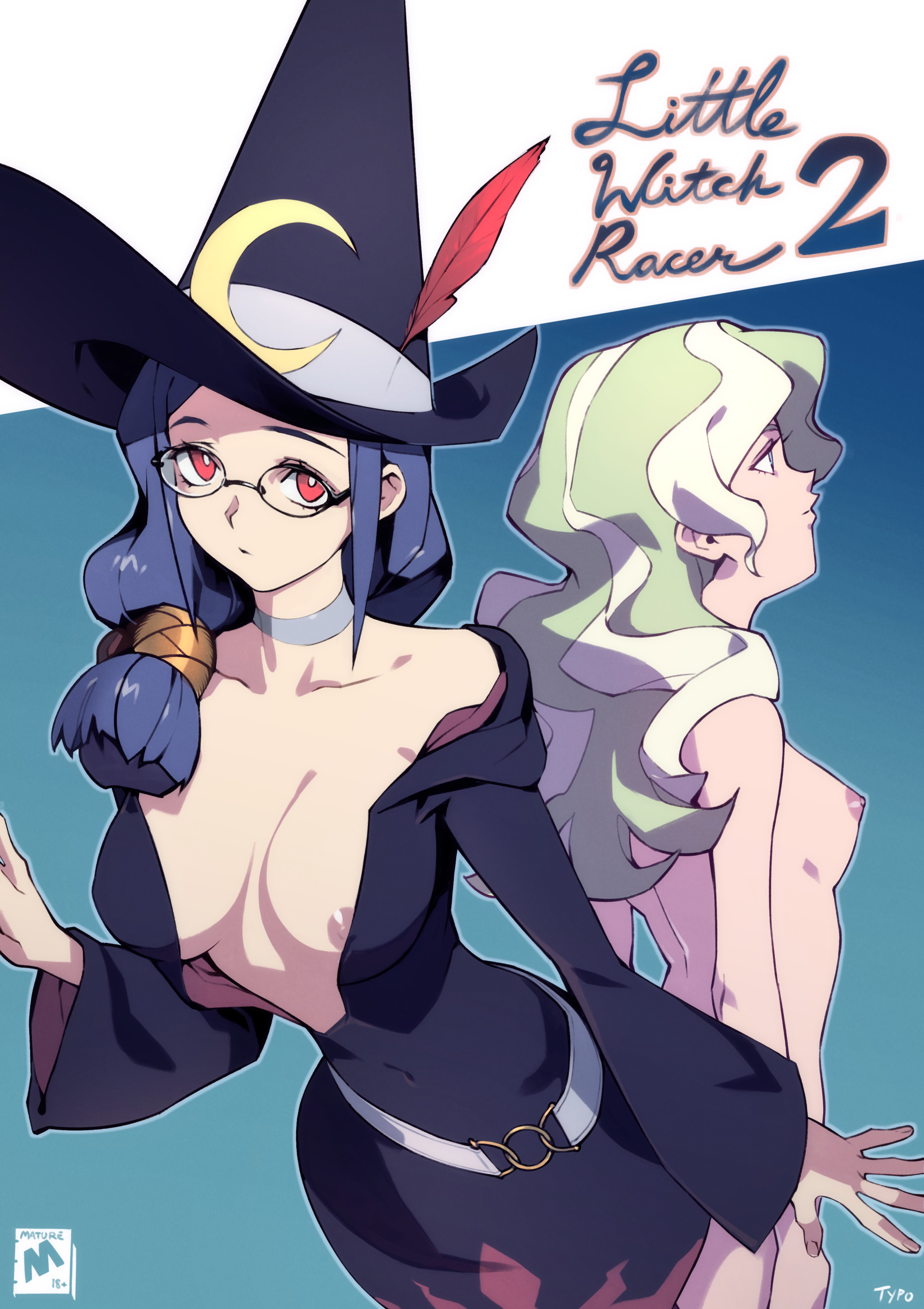2girls, adult and teenager, blonde hair, blue eyes, breasts, completely nude, diana cavendish, female, fully clothed, glasses, little witch academia, multiple females, multiple girls, nipple peek, nipples, nude, optionaltypo, red eyes, student and teacher, teenage female, teenager, ursula callistis, witch, witch hat
