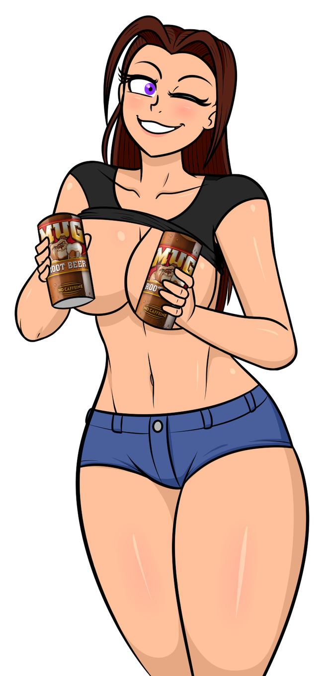 ankaa_avarshina big_breasts brown_hair incredibox jean_shorts purple_eyes root_beer spiciel thick_thighs wink youtuber