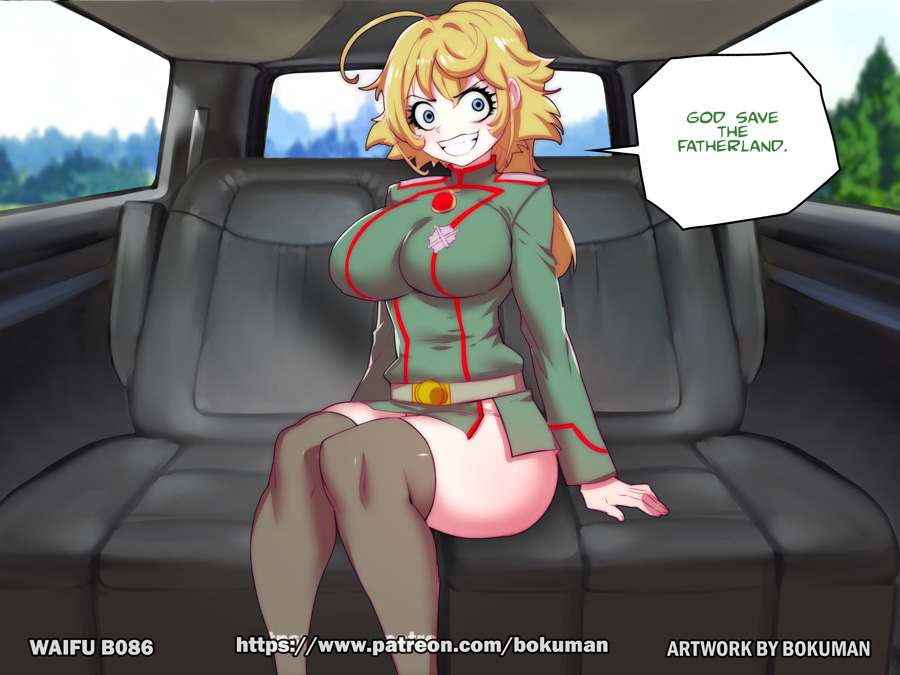 1girls, aged up, big breasts, blonde hair, bokuman, breasts, camera, casting, casting couch, english text, fake taxi, female, female only, military, military uniform, russian text, sofa, solo, tanya degurechaff, text, translated, uncensored, vehicle, vehicle interior, youjo senki