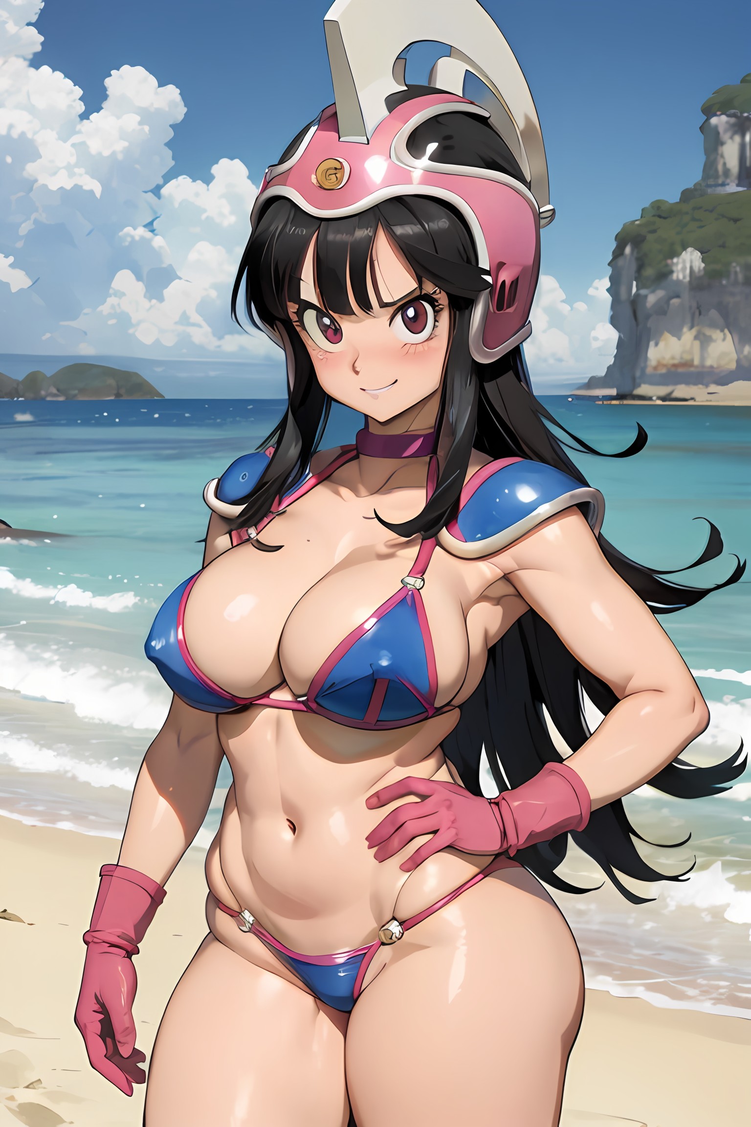 ai generated, beach, big breasts, bikini, bikini armor, breasts, chichi, chichi's armor, dragon ball, dragon ball z, female, female only, helmet, latex gloves