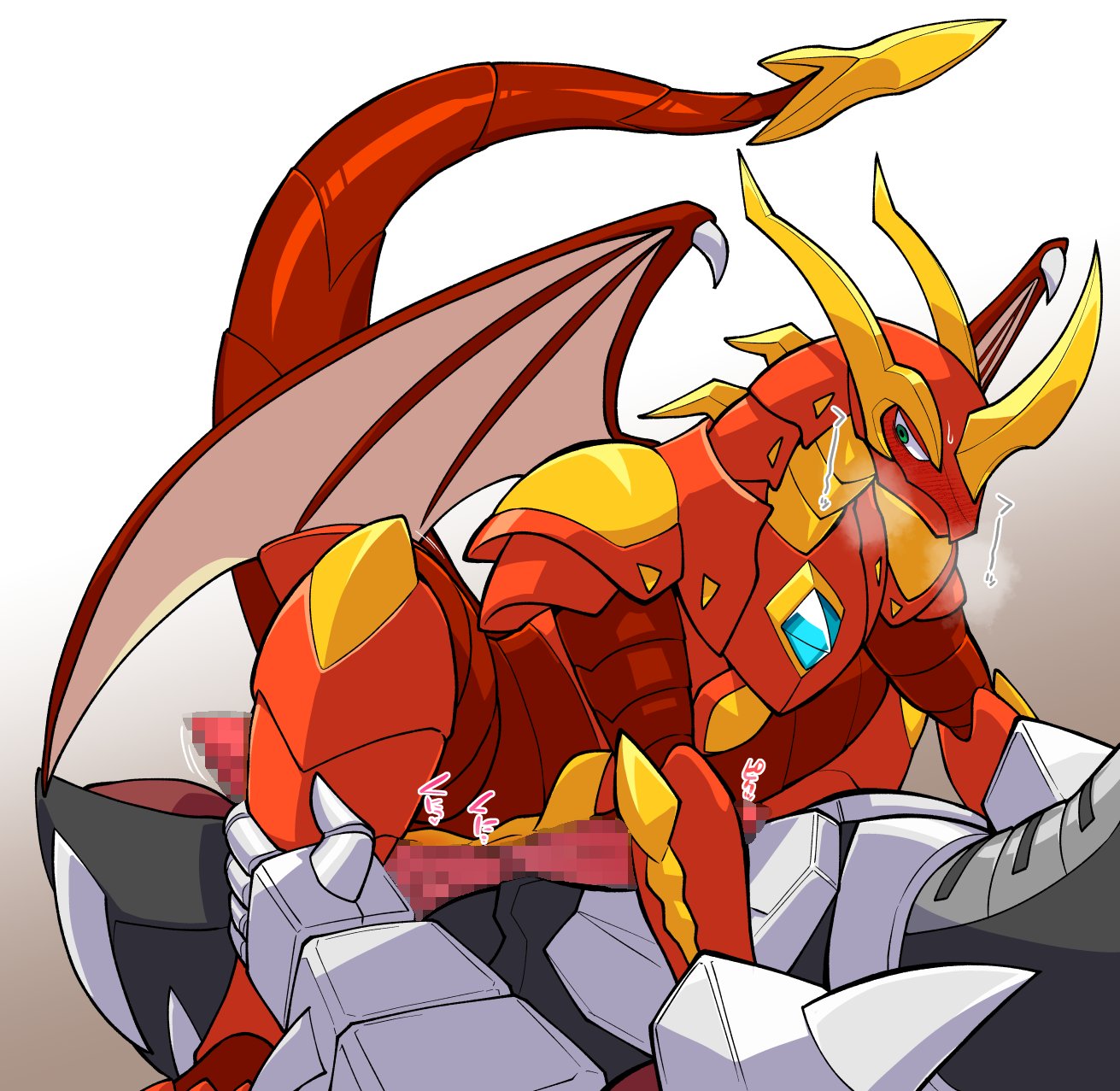 anthro anus bakugan blush censored cowgirl_position crouching drago_(bakugan) dragon from_front_position genitals helios_(bakugan) hi_res kageyama male male/male on_bottom on_top penis raised_tail sex tail