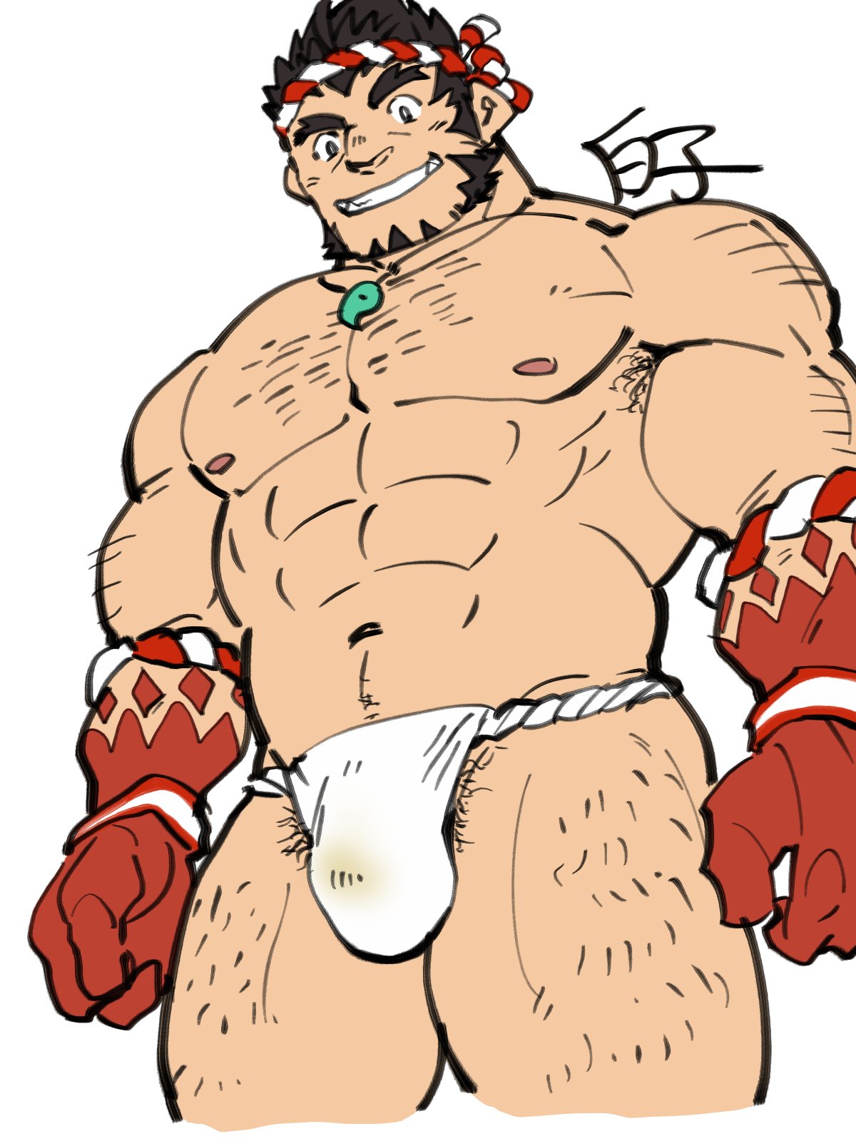 41raco balls bara black_hair bulge facial_hair fundoshi fundoshi_only male male_only muscles muscular nejiri_hachimaki penis solo solo_male tajikarao_(tokyo_afterschool_summoners) tokyo_afterschool_summoners