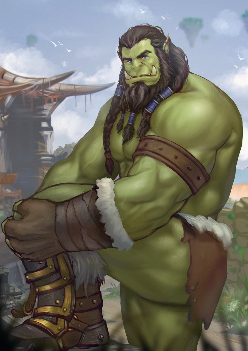 1boy bara barely_clothed beard black_hair blue_eyes boots braid facial_hair green_body green_skin male male_only muscle muscles muscular muscular_back muscular_male one_leg_up orc side_view solo solo_male thrall tusks world_of_warcraft ylnzei