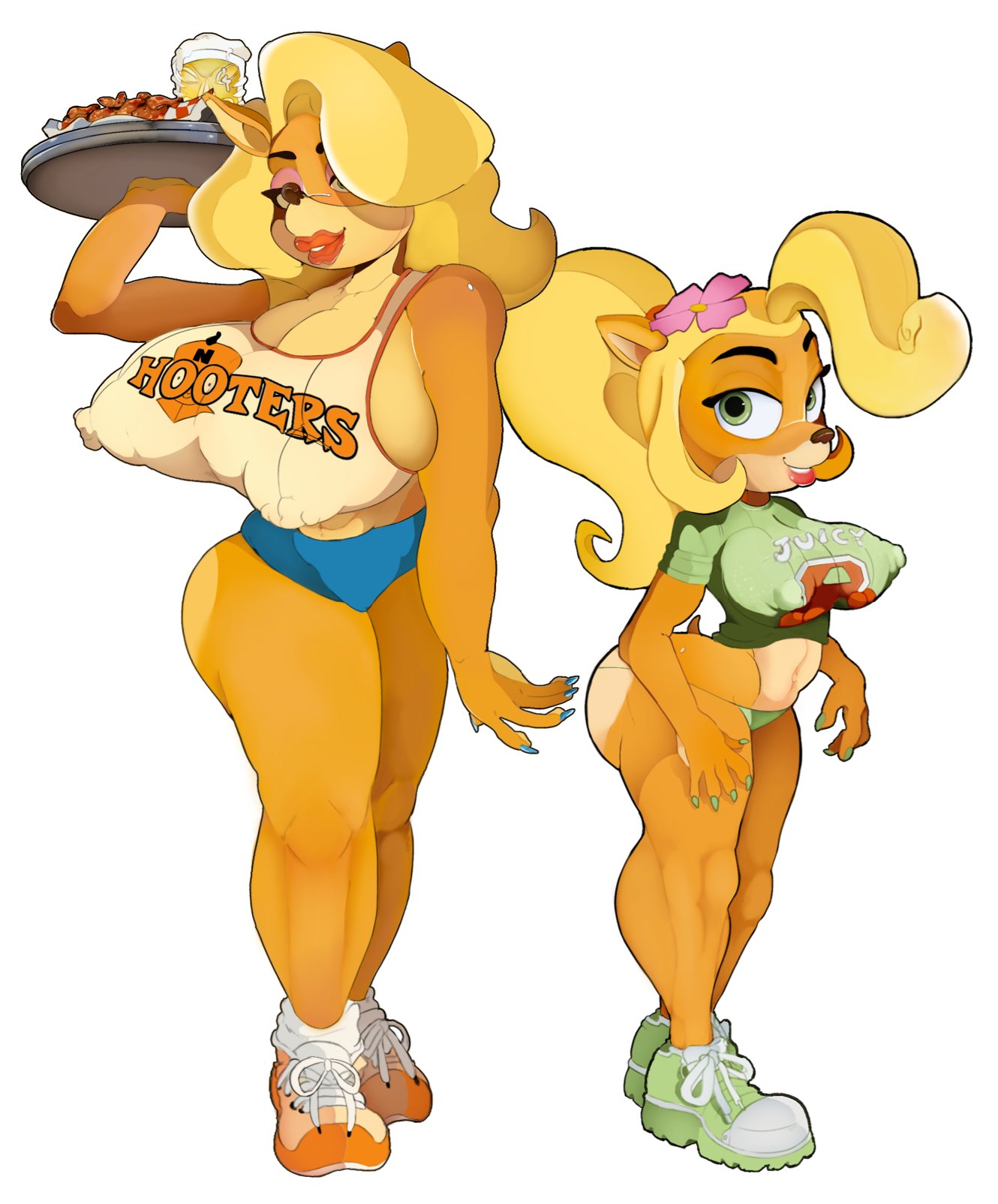 2girls alternate_version_available animal_ears anthro big_breasts big_lips bimbo bimbo_lips blonde_hair blue_nail_polish blue_nails bottomwear breasts bubble_ass bubble_butt coco_bandicoot crabtopus crash_(series) erect_nipples_under_clothes female female_only flower flower_in_hair footwear full_body furry green_eyes green_nail_polish green_nails green_thong hair hair_ornament holding_plate hooters hooters_uniform huge_breasts large_breasts legs lips nail_polish nails nipples_visible_through_clothing plate ponytail shoes shortstack skimpy skimpy_clothes smile tawna_bandicoot thick_lips thong topwear