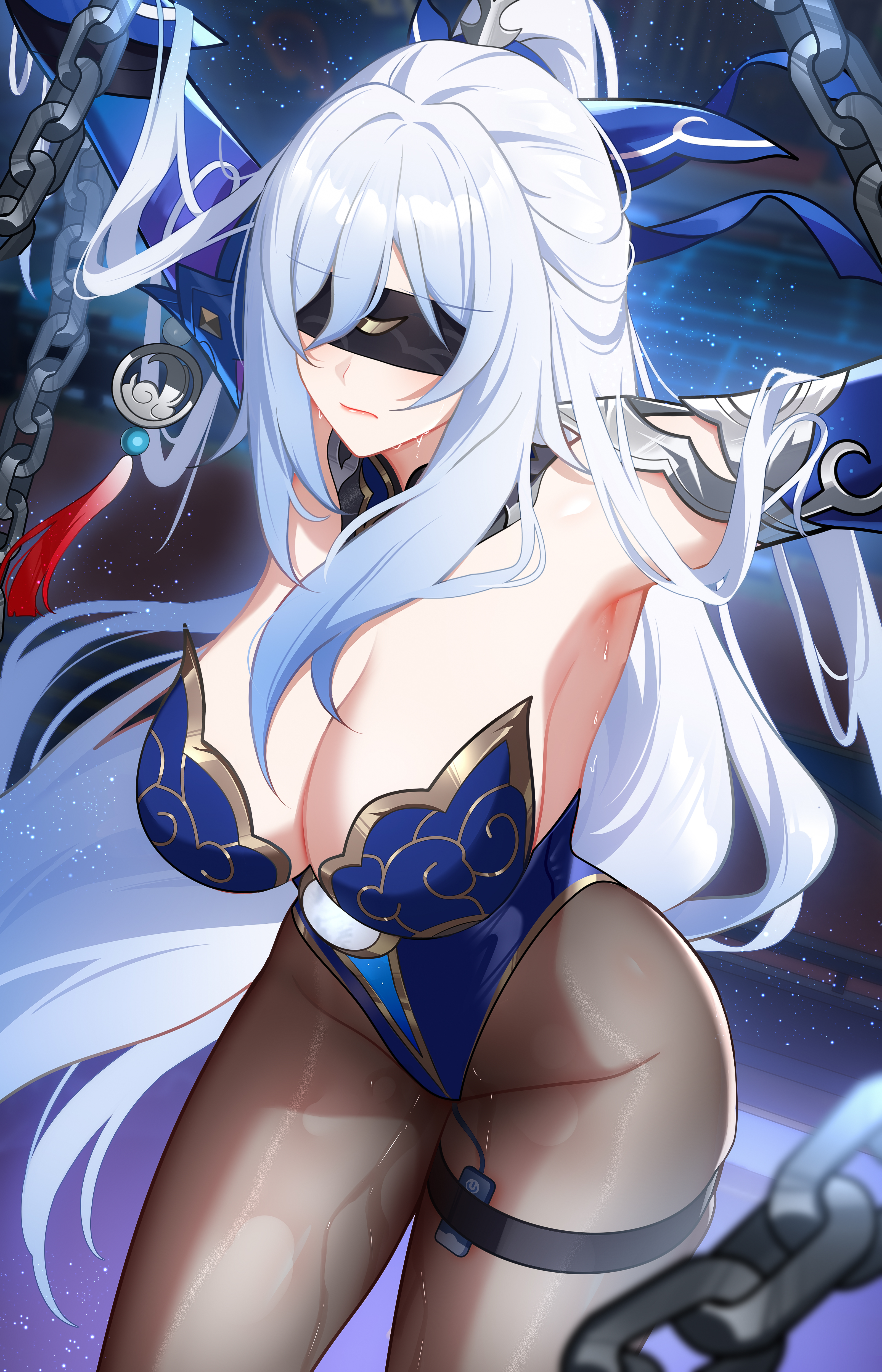 absurdres, armpits, arms up, bare shoulders, blindfold, blue leotard, blush, breasts, brown pantyhose, chains, cleavage, closed mouth, detached collar, detached sleeves, female, gold trim, hair ornament, hair ribbon, highleg, highleg leotard, highres, honkai (series), honkai: star rail, jingliu (honkai: star rail), large breasts, leotard, long hair, pantyhose, ponytail, pussy, pussy juice, ribbon, sex toy, solo, thigh strap, thighs, vibrator, vibrator cord, vibrator in thigh strap, white hair, wu ganlan cai
