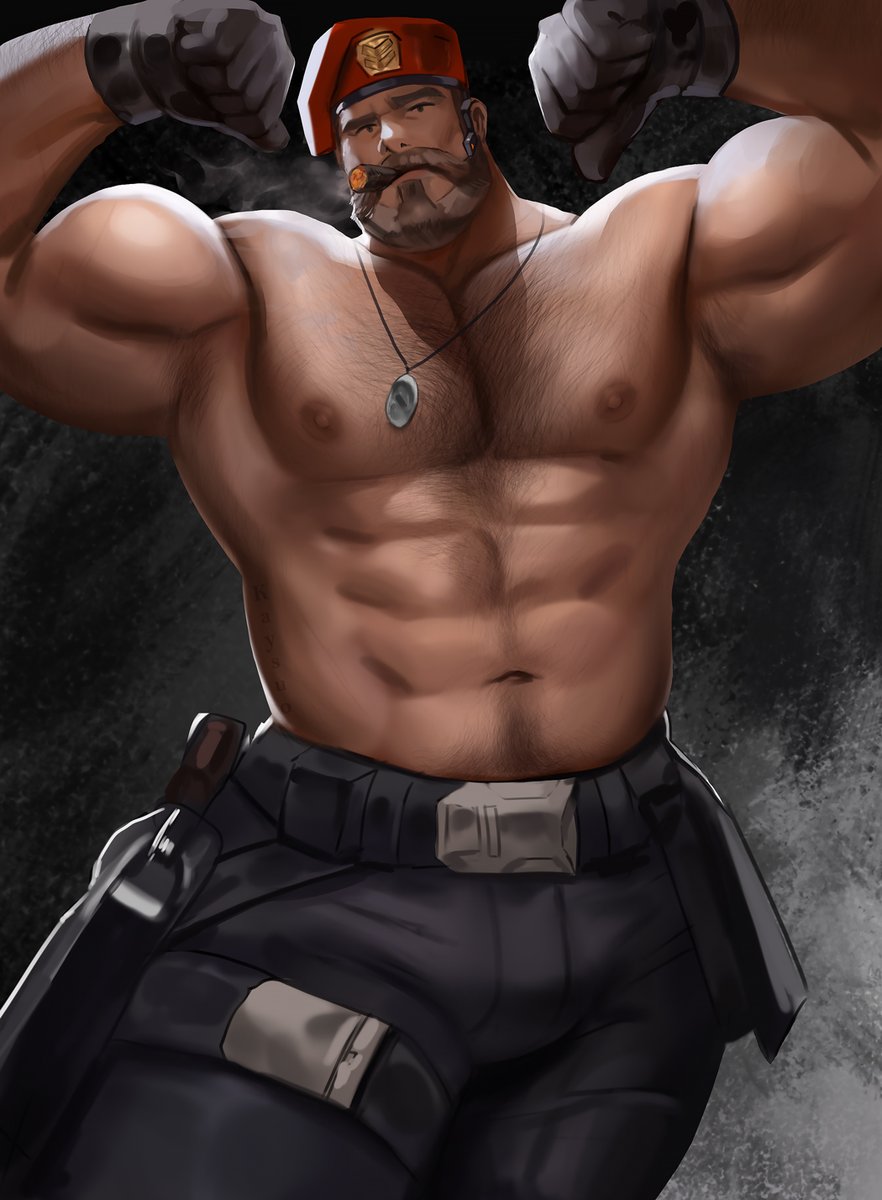 1boy, abs, armpit, armpit hair, armpits, bara, body hair, brimstone (valorant), chest hair, cigar, flexing, kaysuo, male, male only, muscular, muscular male, navel, nipples, shirtless, shirtless male, smoking, solo, solo male, valorant, yaoi