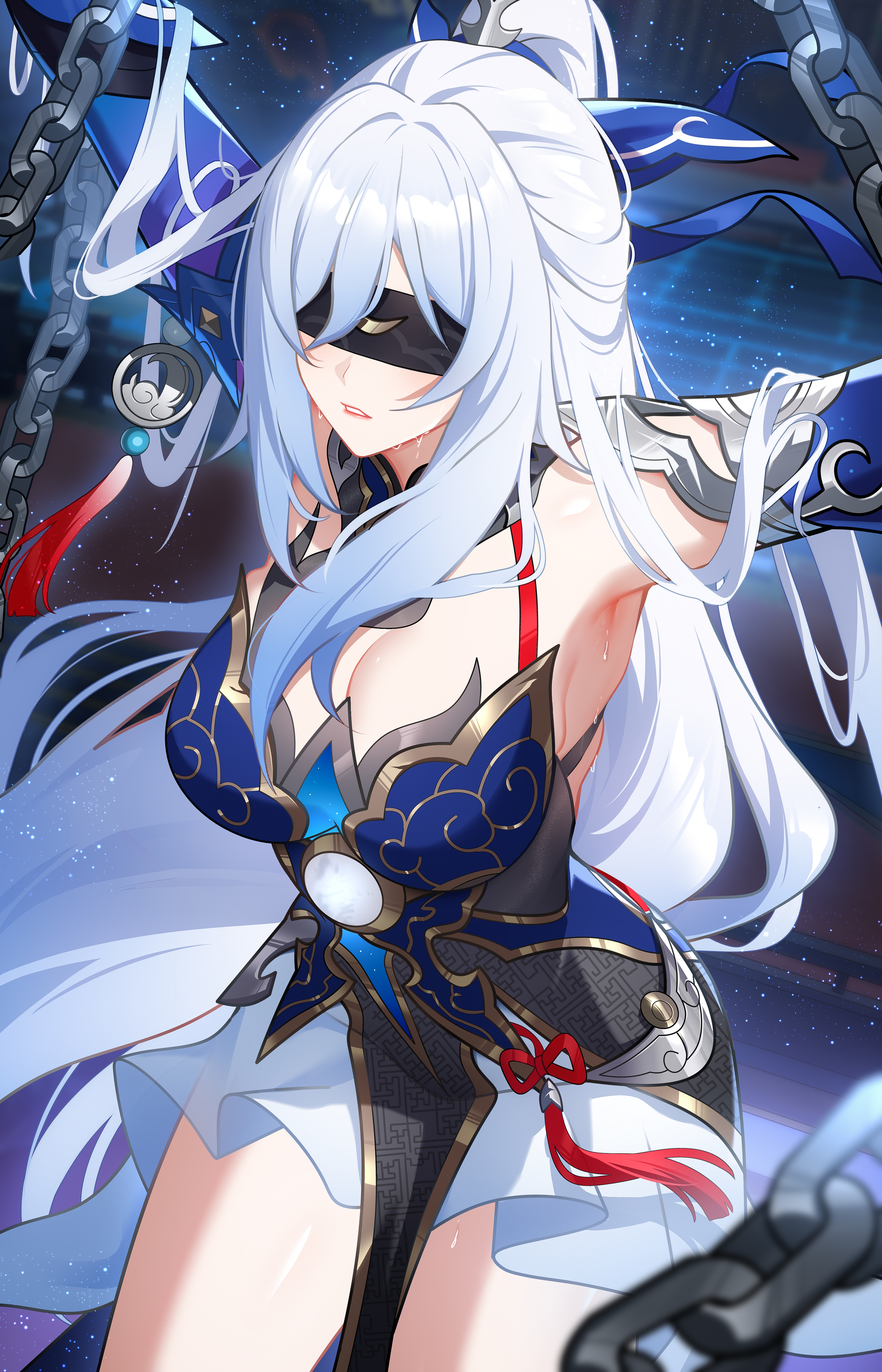 absurdres, armpits, arms up, blindfold, blush, breasts, chains, chinese commentary, commentary request, covered eyes, eyes visible through hair, female, hair ornament, highres, honkai (series), honkai: star rail, jingliu (honkai: star rail), large breasts, long hair, parted lips, ponytail, solo, sweat, thighs, white hair, wu ganlan cai