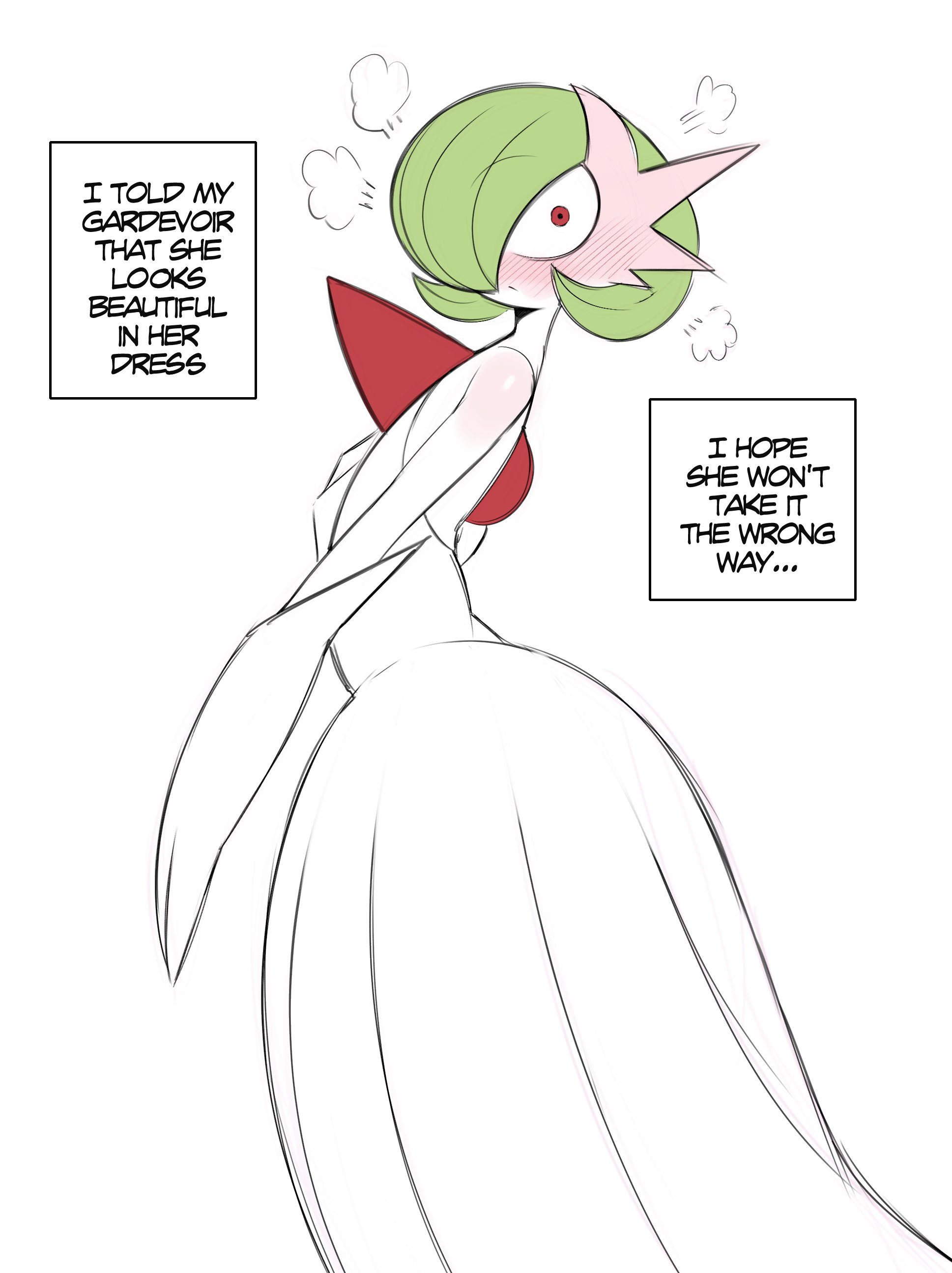 1girls, anthro, breasts, chest spike, dialogue, english text, female, female pokemon, gardevoir, hair over one eye, mega gardevoir, nintendo, pokémon (species), pokemon, pokemon (species), red eyes, saltyxodium, short hair, simple background, slim waist, small breasts, solo, text, white background, white body