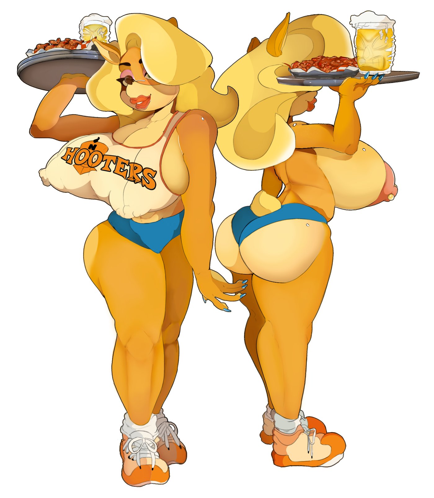 1girls, 2023, 2d, alternate version available, animal ears, anthro, areolae, ass, big ass, big breasts, big lips, big nipples, bimbo, bimbo lips, blonde hair, blue nail polish, blue nails, bottomwear, breasts, bursting breasts, cleavage, clothed, crabtopus, crash (series), digital media, eyeshadow, female, female only, footwear, full body, furry, hi res, holding plate, hooters, hooters uniform, huge breasts, large breasts, lips, lipstick, long hair, multiple views, nail polish, nails, nipple bulge, nipple piercing, nipples, nipples visible through clothing, partially clothed, piercing, plate, puffy nipples, red lipstick, revealing clothes, shoes, side view, sideboob, simple background, skimpy, skimpy clothes, sneakers, solo, tail, tawna bandicoot, thick lips, topless, topwear, undersized clothing, white background