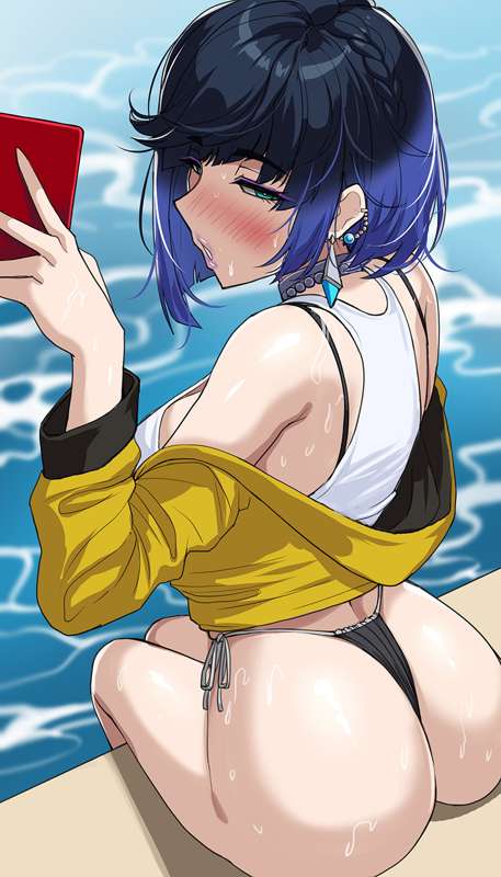 ass, bikini, black bikini, black bra, black panties, blue hair, breasts, collar, drogod (artist), female, genshin impact, green eyes, human, in water, looking back, mihoyo, phone, pool, poolside, wet, white skin, yelan (genshin impact)