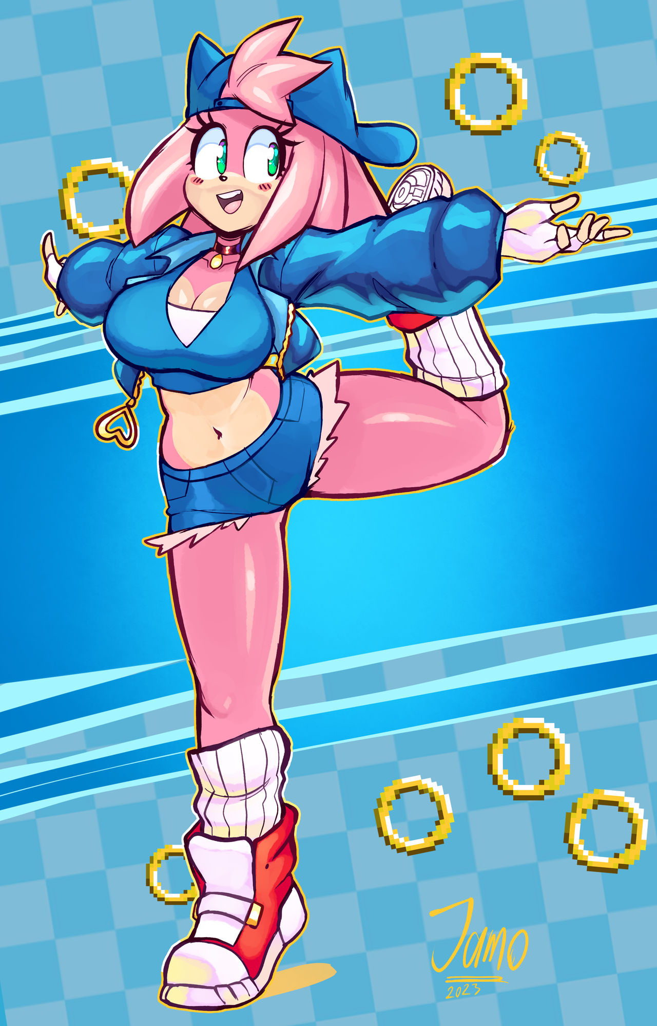 amy_rose cleavage female female_only jamoart midriff navel off_model sega sonic_(series) sonic_the_hedgehog_(series) tagme thick_thighs