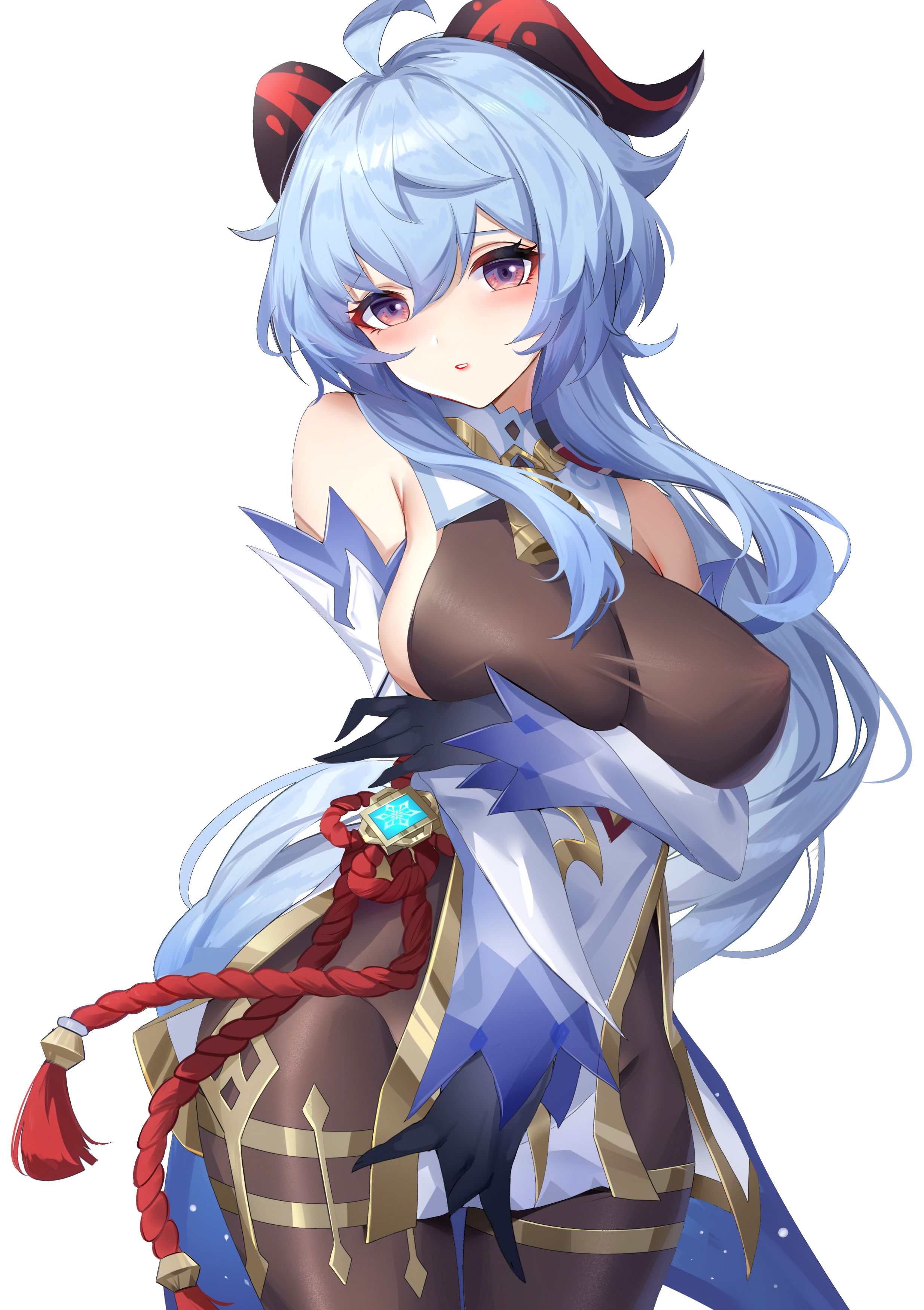 absurdres, bare shoulders, blush, breasts, brown pantyhose, female, ganyu (genshin impact), genshin impact, highres, large breasts, long hair, looking at viewer, neck bell, pantyhose, pelvic curtain, solo, thighs, white background, wu ganlan cai