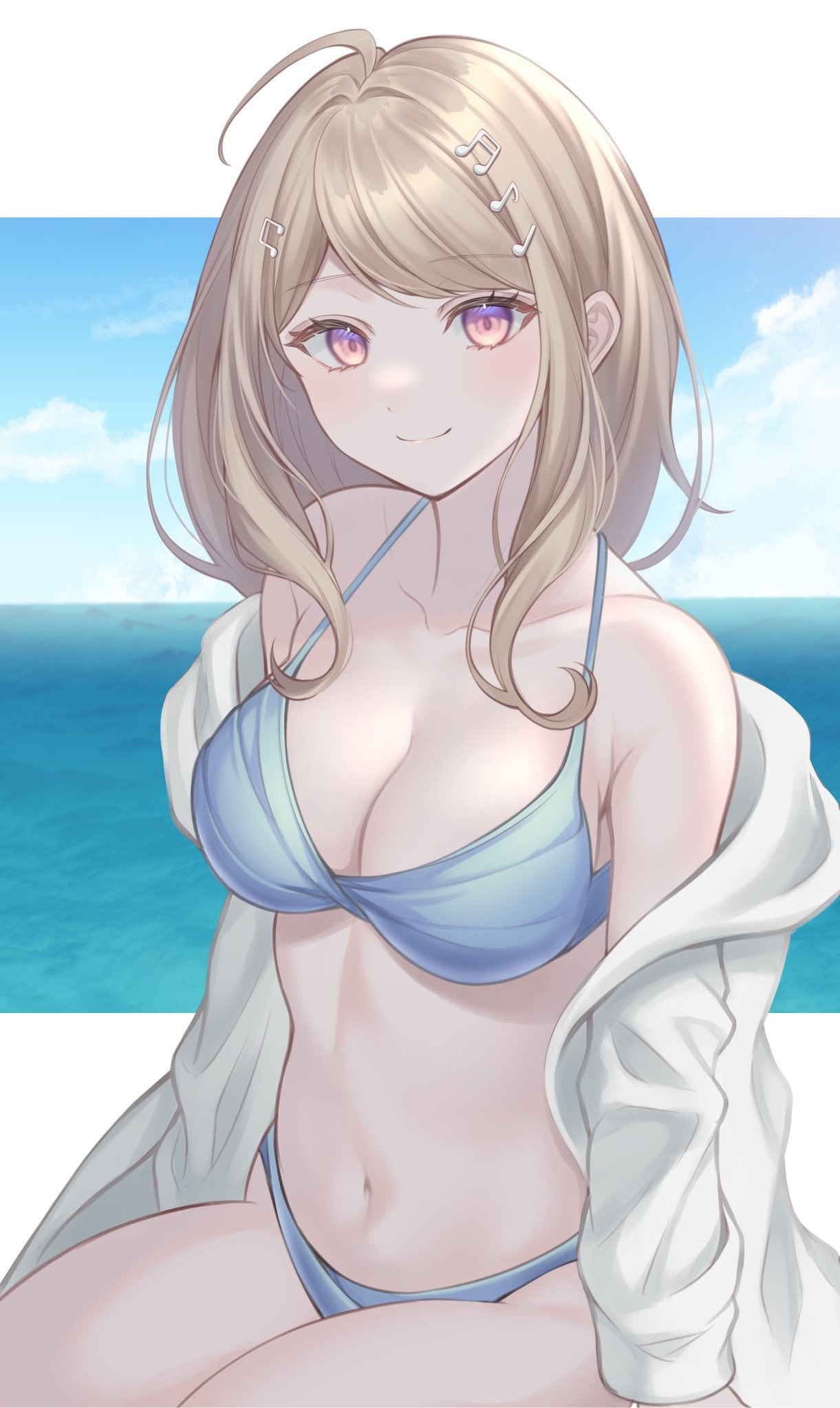 ahoge, akamatsu kaede, big breasts, bikini, blonde hair, breasts, cleavage, danganronpa, danganronpa s: ultimate summer camp, danganronpa v3, female, female only, hair ornament, human, human only, looking at viewer, smile, smiling, swimsuit