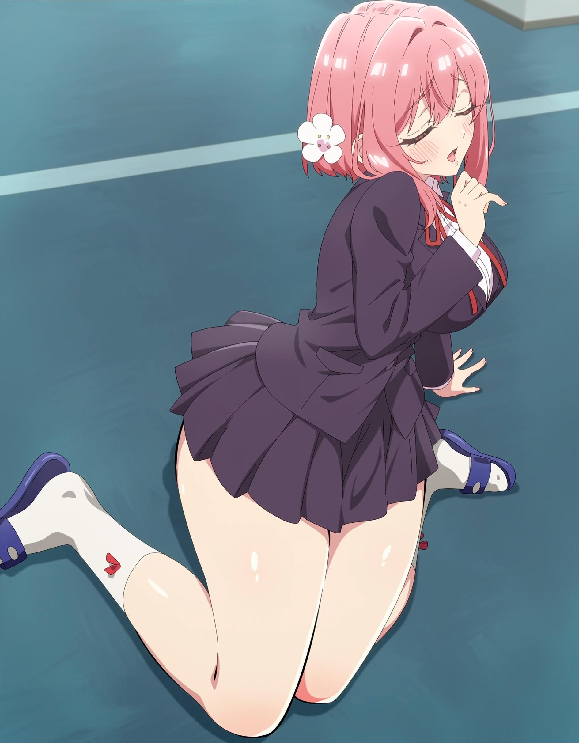 1girls, blush, breasts, child bearing hips, closed eyes, clothing, female, hanazono hakari, hips, kimi no koto ga dai dai dai dai daisuki na 100-nin no kanojo, large breasts, pink hair, screencap, shiny skin, skirt, thick thighs, thighs, wide hips