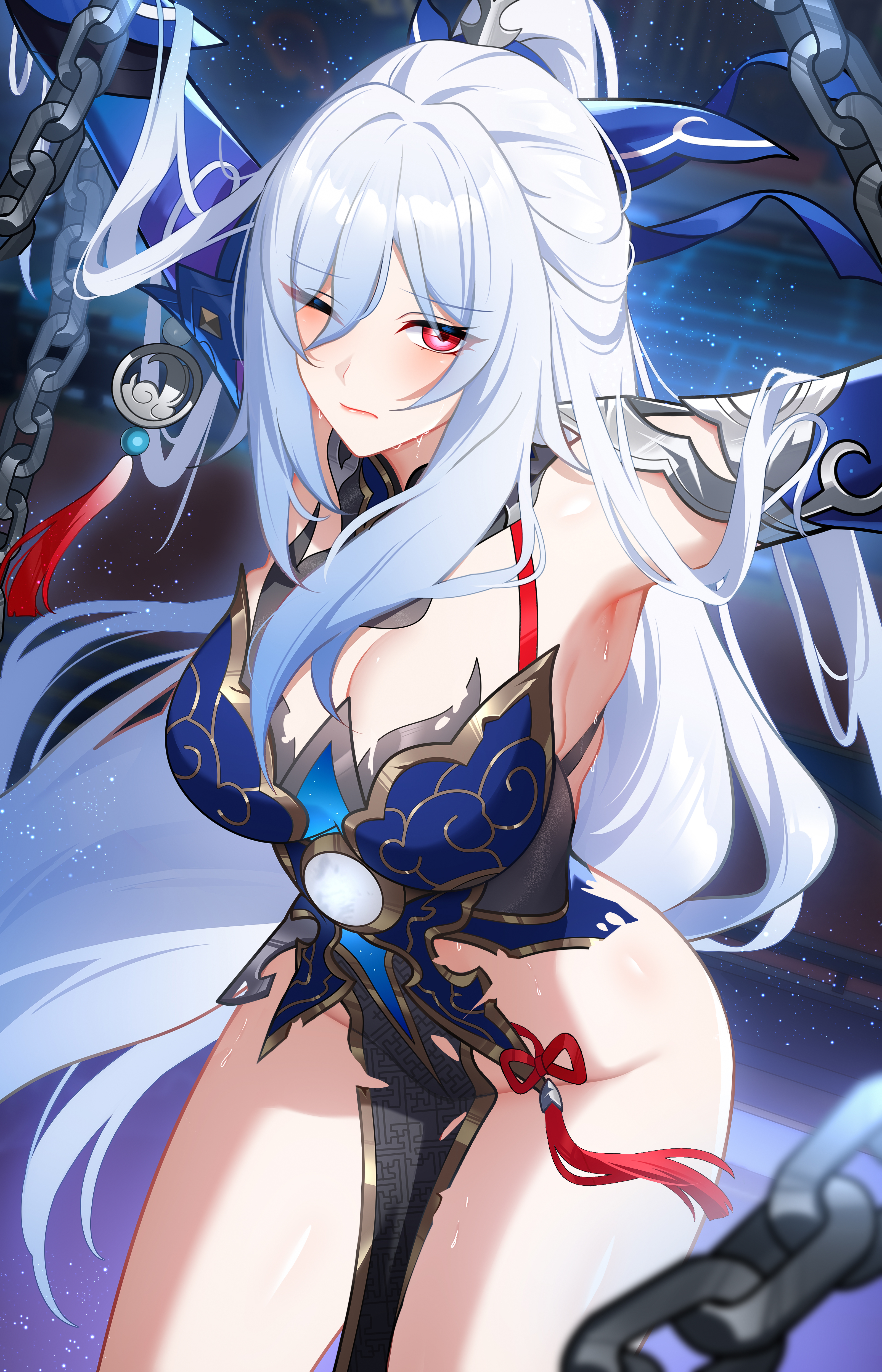 1girls, absurdres, armpits, arms up, bare shoulders, black skirt, blue dress, blush, breasts, chains, cleavage, detached collar, detached sleeves, dress, eyes visible through hair, female, gold trim, hair ornament, hair ribbon, highres, honkai (series), honkai: star rail, jingliu (honkai: star rail), large breasts, light skin, light-skinned female, long hair, looking at viewer, one eye closed, pelvic curtain, ponytail, red eyes, ribbon, skirt, solo, tassel, thick thighs, thighs, torn clothes, white hair, wu ganlan cai