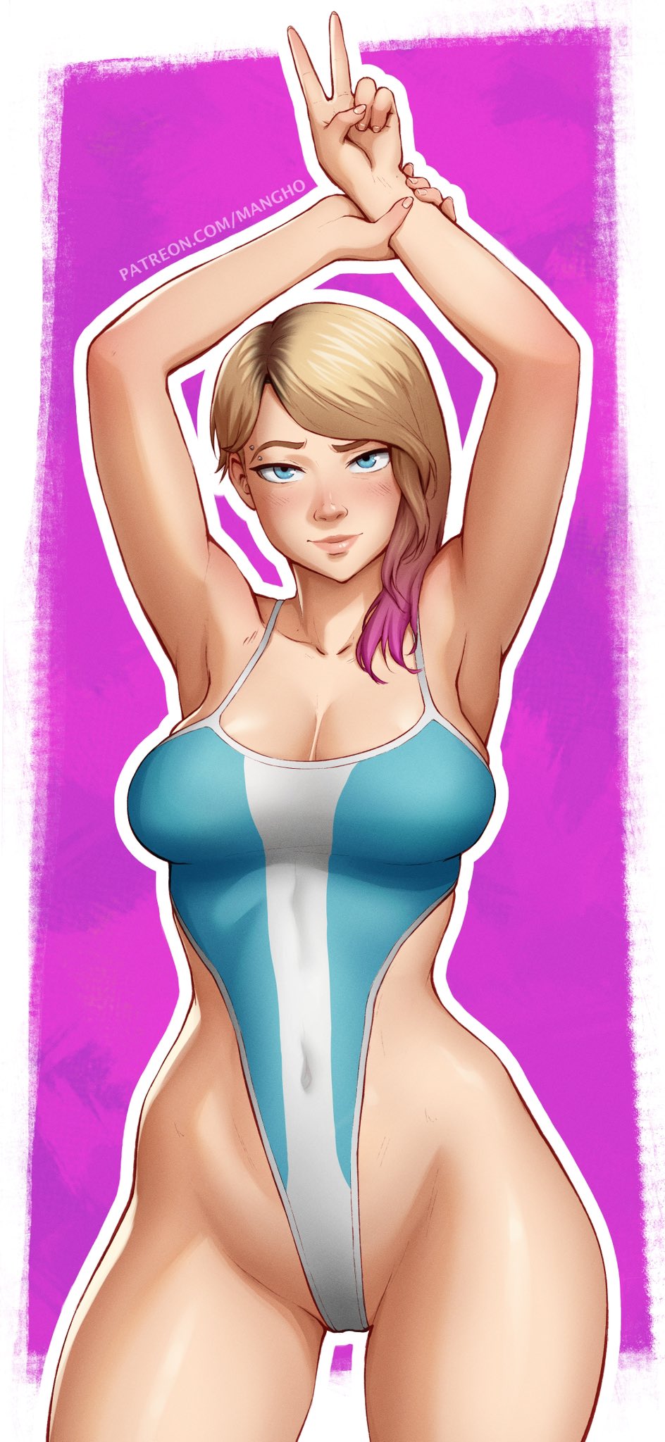 1girls blonde_hair brow_piercing cleavage cowboy_shot eyebrow_piercing gradient_hair gwen_stacy gwen_stacy_(spider-verse) highleg_leotard highleg_swimsuit large_breasts looking_at_viewer mangho marvel one-piece_swimsuit peace_sign pink_hair skin_tight solo_female spider-gwen spider-man:_across_the_spider-verse spider-man_(series) toned_female two_tone_hair