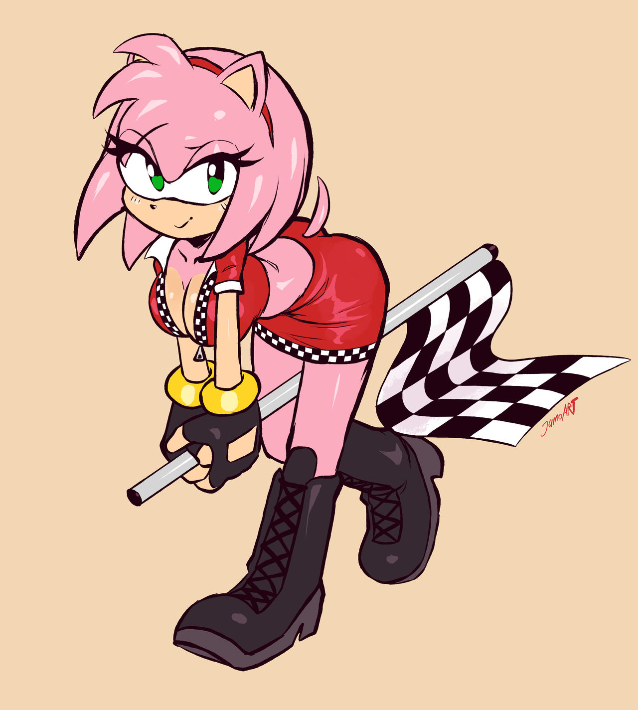 alternative costume, amy rose, black boots, black gloves, checkered flag, cleavage, female, female only, green eyes, jamoart, looking at viewer, race queen, sega, skirt, sonic (series), sonic the hedgehog (series), suggestive pose, tagme