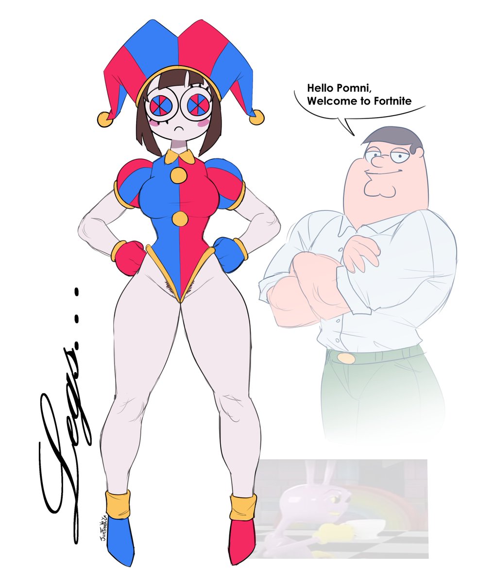 brown_hair dialogue fortnite highres jester jester_hat junfreaky leotard peter_griffin peter_griffin_(fortnite) pomni pomni_(tadc) pomni_(the_amazing_digital_circus) pubic_hair silly_face tall_female the_amazing_digital_circus white_skin